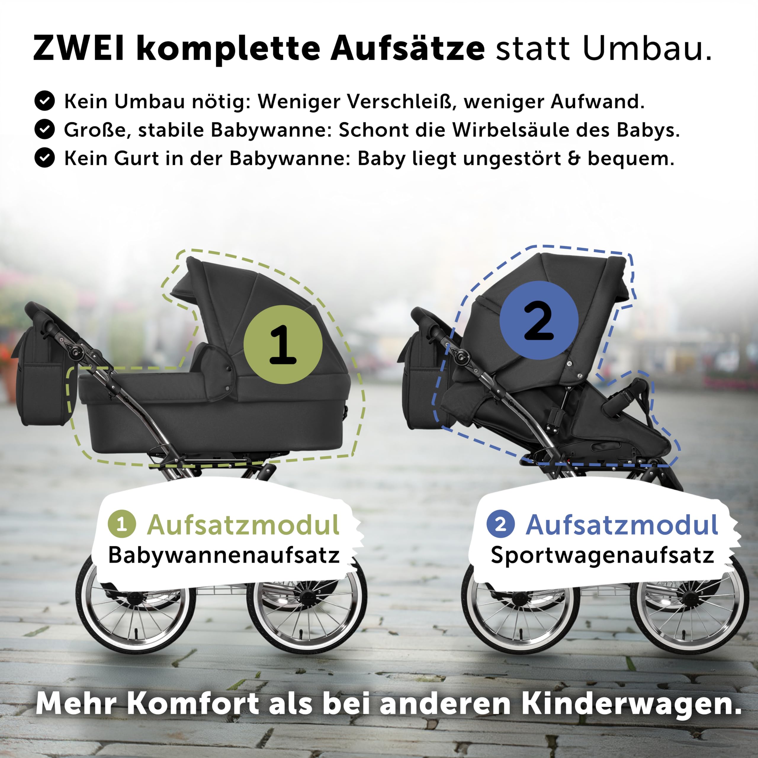 Bergsteiger Venedig Nostalgie Kombikinderwagen 2-in-1 Babywanne | Komfortabler Buggy ab Geburt bis 22 kg mit 14 Zoll Luftreifen Rahmenfederung verstellbarem Griff und Wickeltasche