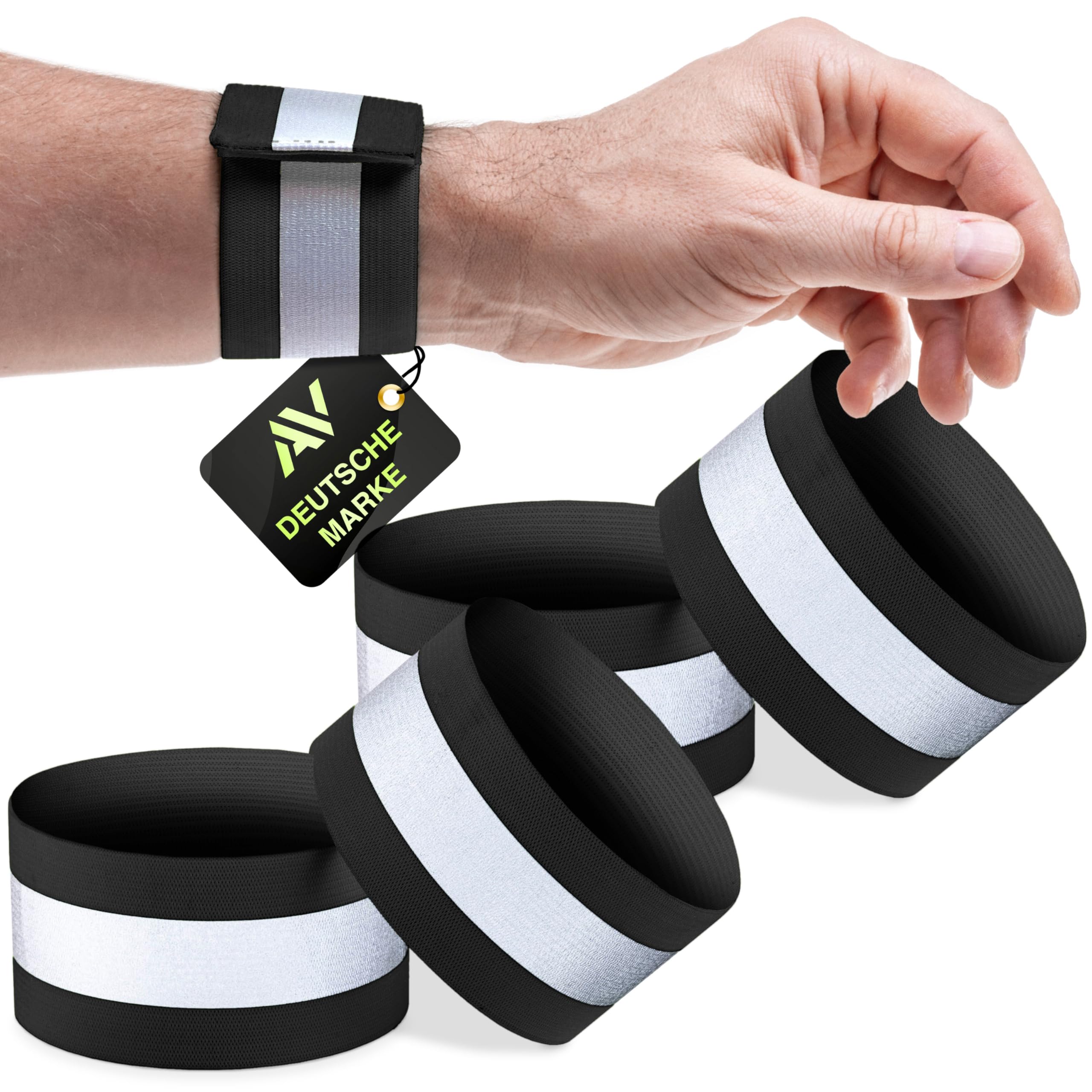 AVANA Reflektorband mit Klettverschluss Reflektierendes Armband Reflektor Elastisch Hosenschutz Reflektorstreifen Joggen Fahrrad Kinder Reflexband Schwarz (2er Set)