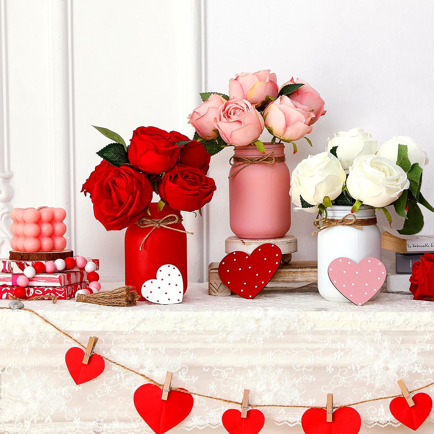 Karenhi 13 Pcs Valentines Day Mason Jar Table Decor Valentines Centerpieces for Tables with Rose and Pink Heart Home Kitchen Indoor Decor(Rose) - Image 5