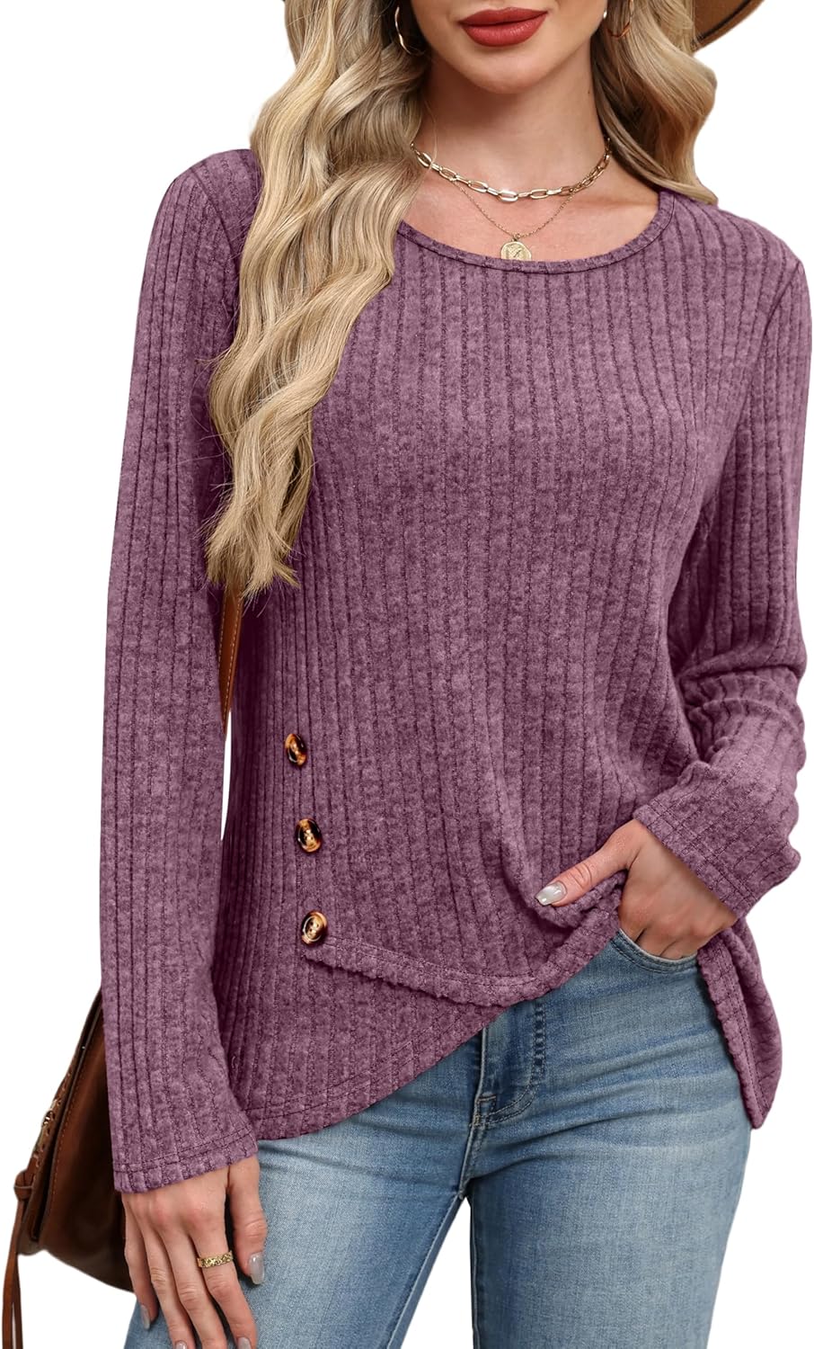 XIEERDUO Tunic Sweaters for Women Long Sleeve Shirts Crew Neck Tops with Buttons Fall Fashion Outfits Winter Clothing - Image 4