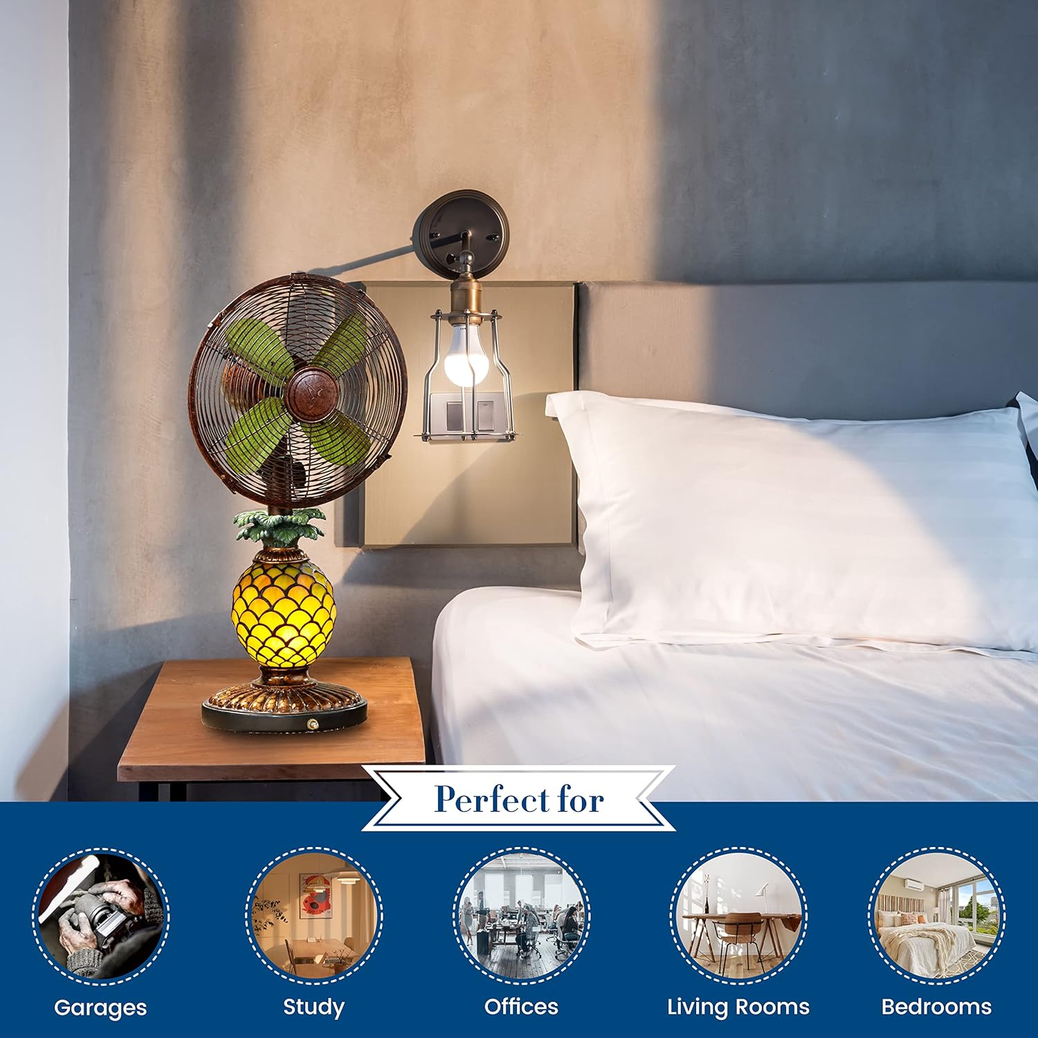 DecoBREEZE Oscillating Table Fan with Lamp, 3Speed Portable Fan, Pineapple, Mosaic Glass
