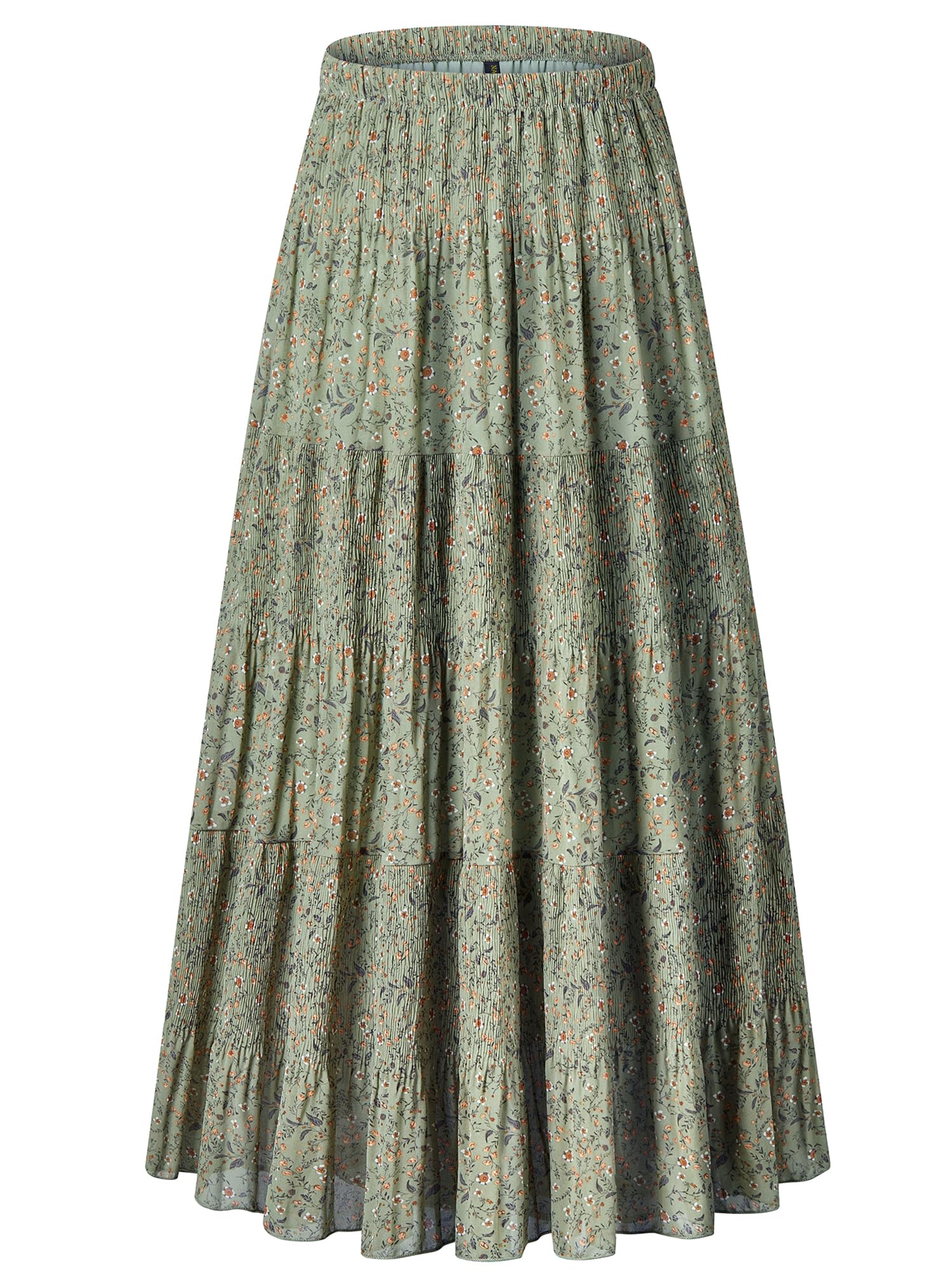 NASHALYLY Women's Chiffon Elastic High Waist Pleated A-Line Flared Maxi Skirts, Green Floral B, XXL