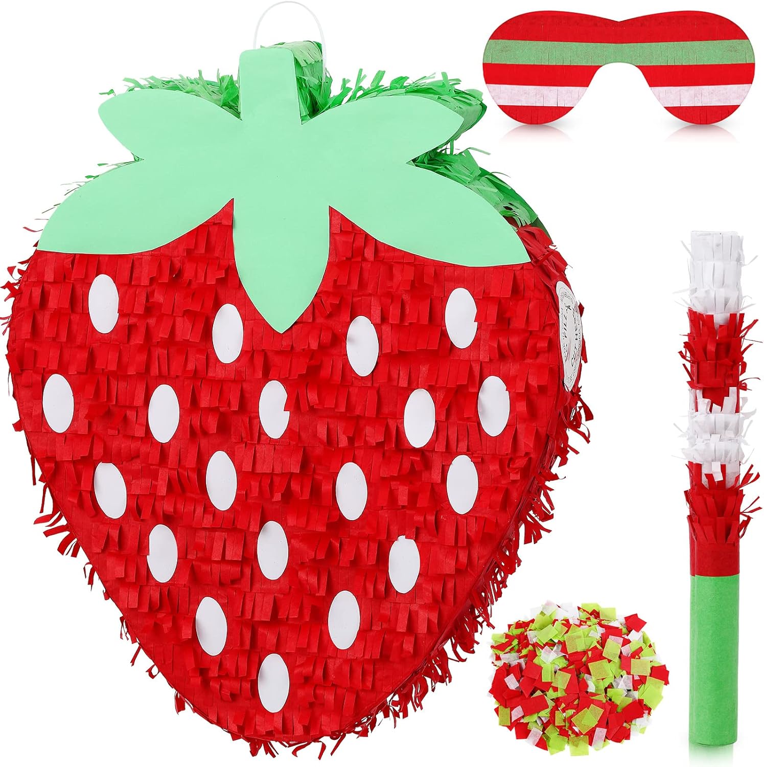 Red Strawberry Piñata for Kids Strawberry Birthday Party Decorations Baby Shower Pinata Summer Fruit Animal Themed Party Game Supplies with Blindfold Bat Confetti, 12.6 x 11.8 x 2.4 Inches
