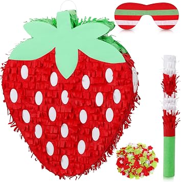 Red Strawberry Pinata for Kids Strawberry Birthday Party Decorations Baby Shower Pinata Summer Fruit Animal Themed Party Game Supplies with Blindfold Bat Confetti, 12.6 x 11.8 x 2.4 Inches
