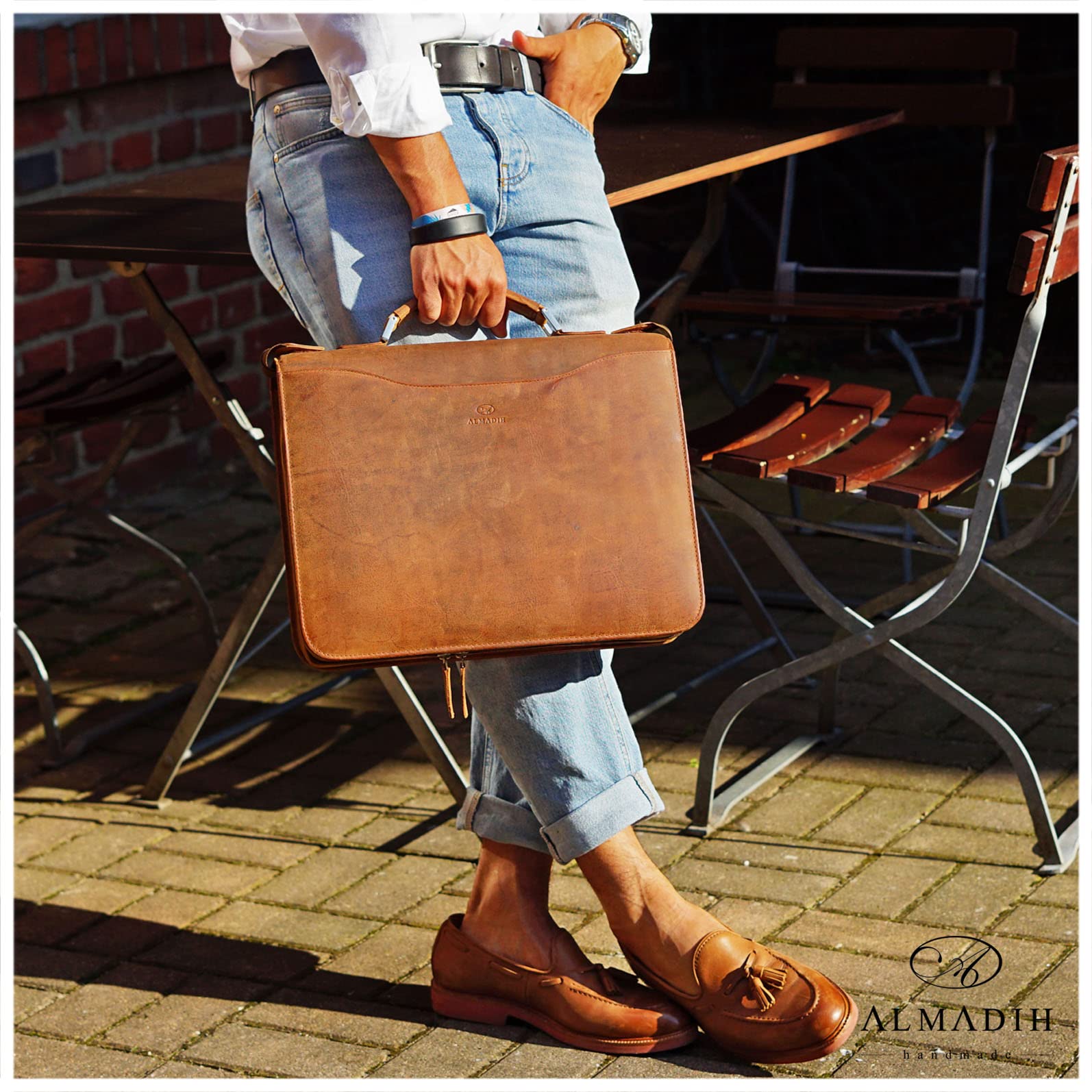 Image secondaire de ALMADIH porte documents A4 cuir vachette avec fermeture éclair et poignée + classeur anneaux + bloc notes inclus, marron vintage