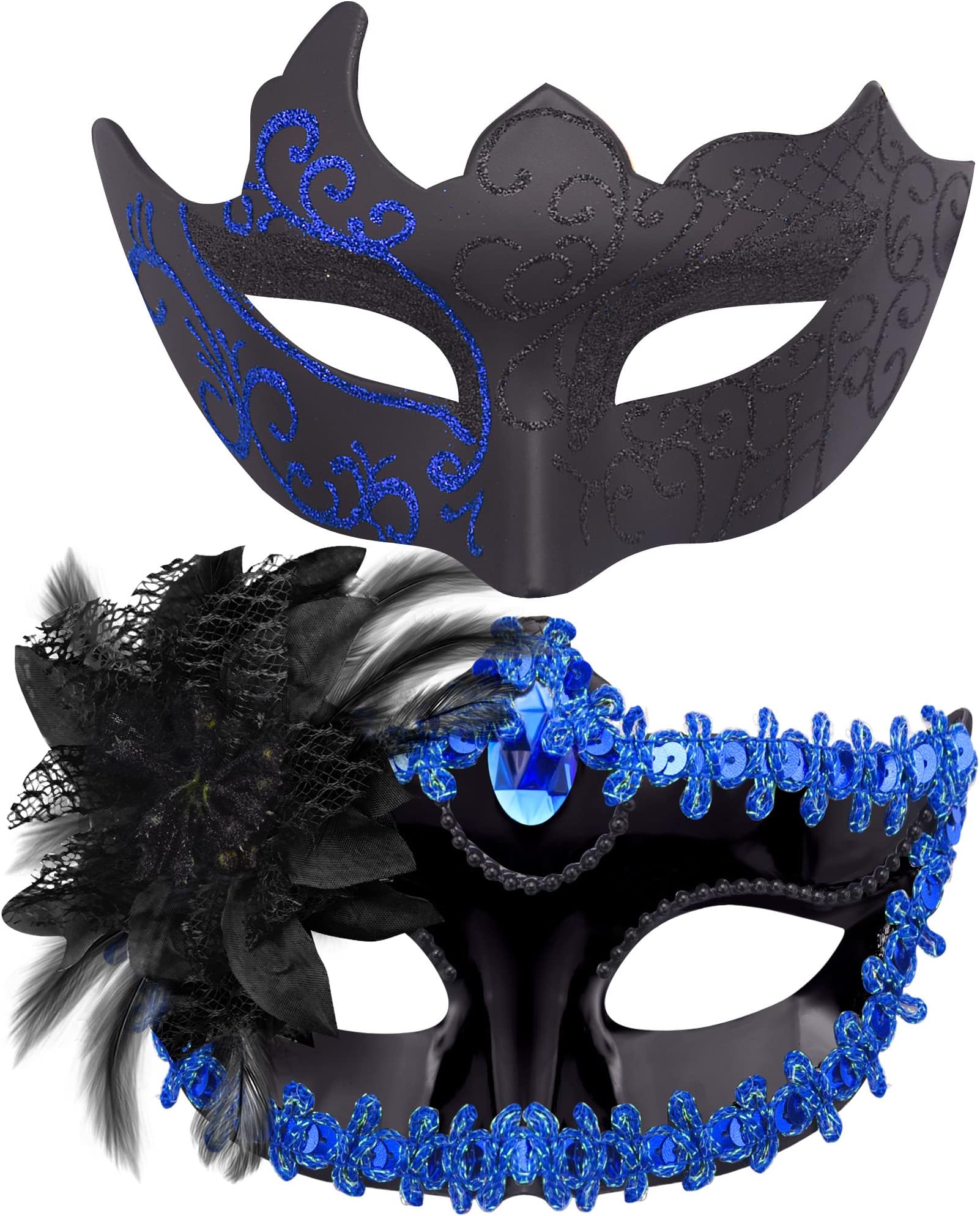 SIQUK 2 Pieces Venetian Mask, Pair of Venetian Eyes Masquerade Masquerade Mask for Women Men Halloween Carnival, Black & Blue