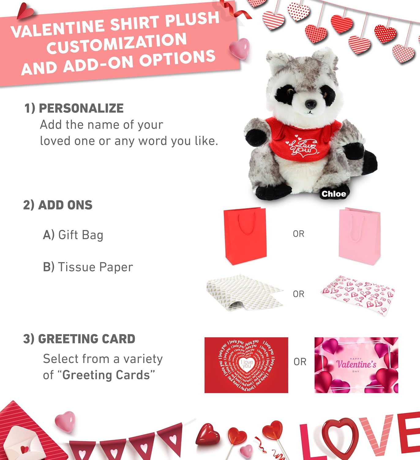 DolliBu I Love You Valentine Plush Raccoon - Cute Stuffed Animal with Red Shirt and Name Personalization Gift for Valentines Day, Birthday, Anniversary, Romantic Date - 9 Inches