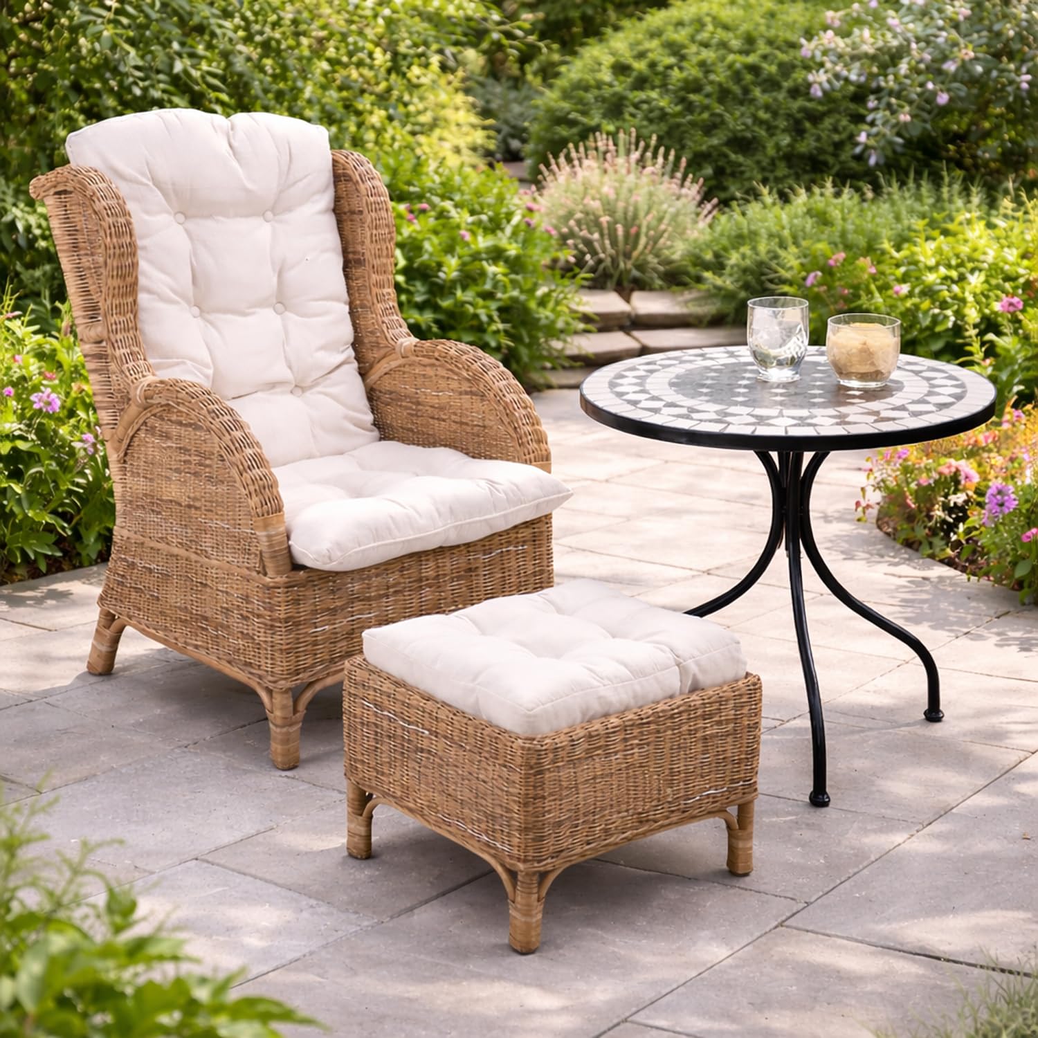 Mojawo Luxus Rattan Set Relaxsessel Korbsessel Rattansessel mit Hocker Ohrensessel mit Fußhocker aus Rattan, inkl. Polster in beige und 1 Stück