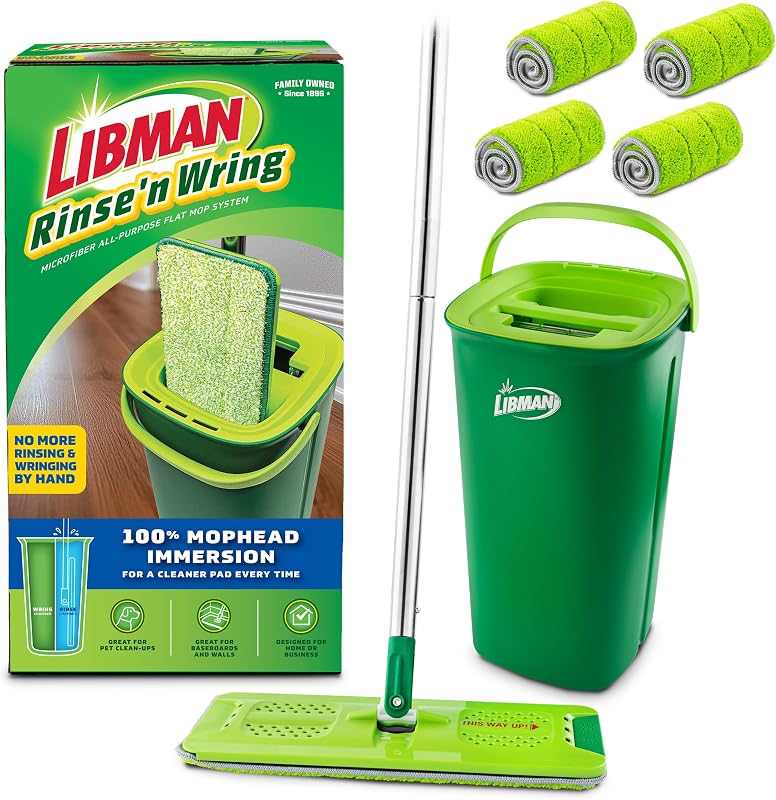 Libman Rinse 'n Wring Mop and Bucket System, 5 Microfiber Pads Included | Wet & dry mop with dual clean/dirty water chambers; power blades; 5 microfiber pads included.