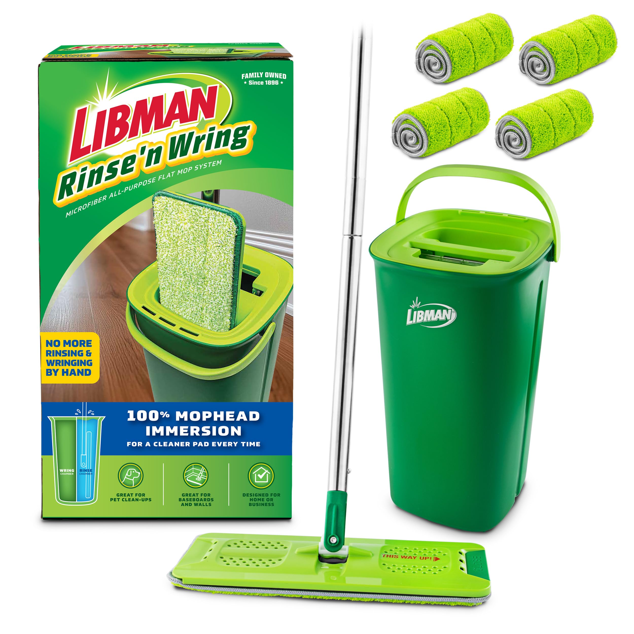 Libman Rinse 'n Wring Mop and Bucket System | Mopa de Microfibra para Suelos | Limpiador de Pisos de Madera Dura | Mopa húmeda y Seca | Cámaras de Agua Limpia y Sucia | Cuchillas eléctricas | 5