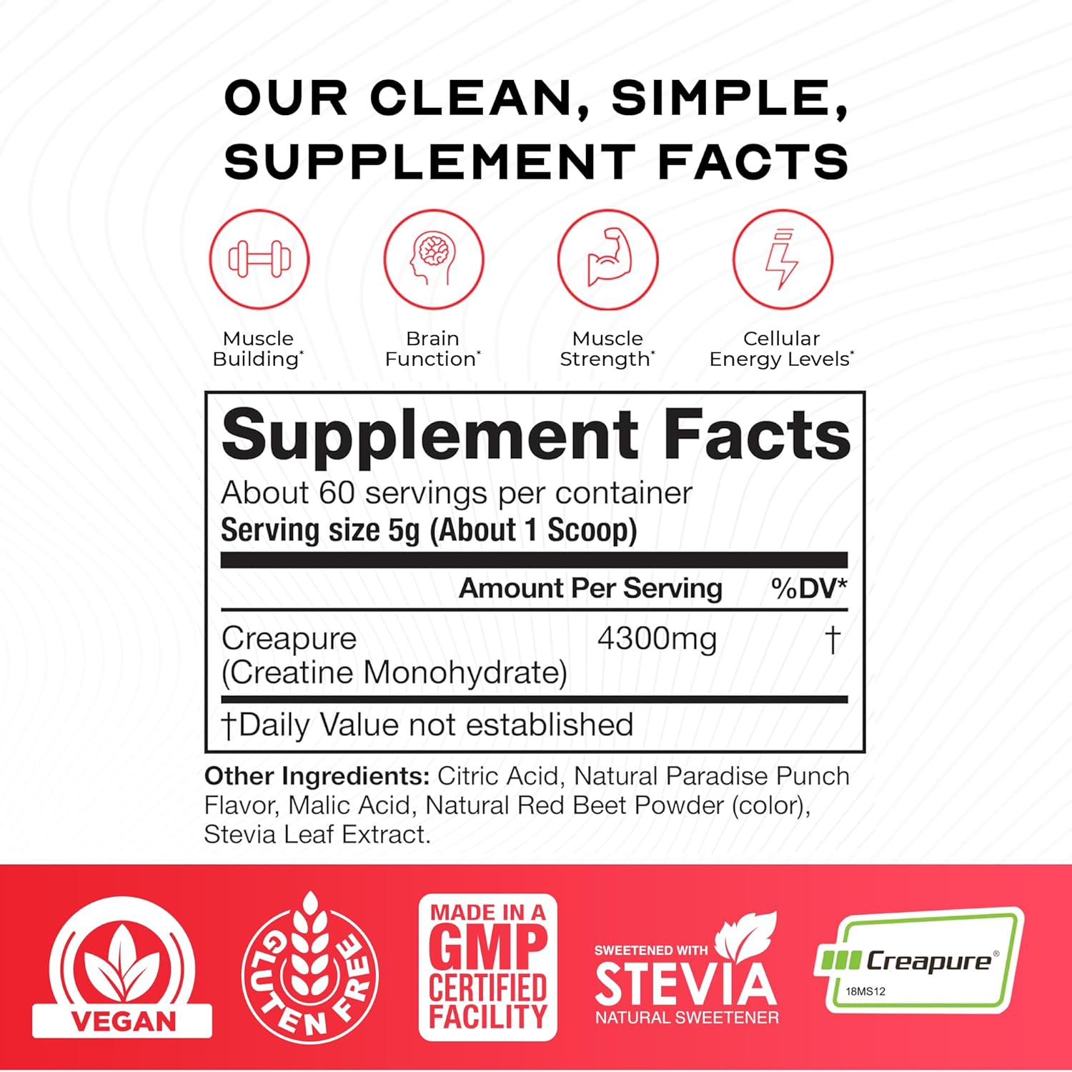 Muscle Feast Creapure Creatine Monohydrate Powder, Vegan Keto Friendly Gluten-Free Easy to Mix, Muscle Recovery Supplement, Creatine for Muscle Growth, Flavored Creatine, Natural Fruit Punch 300g - Image 3