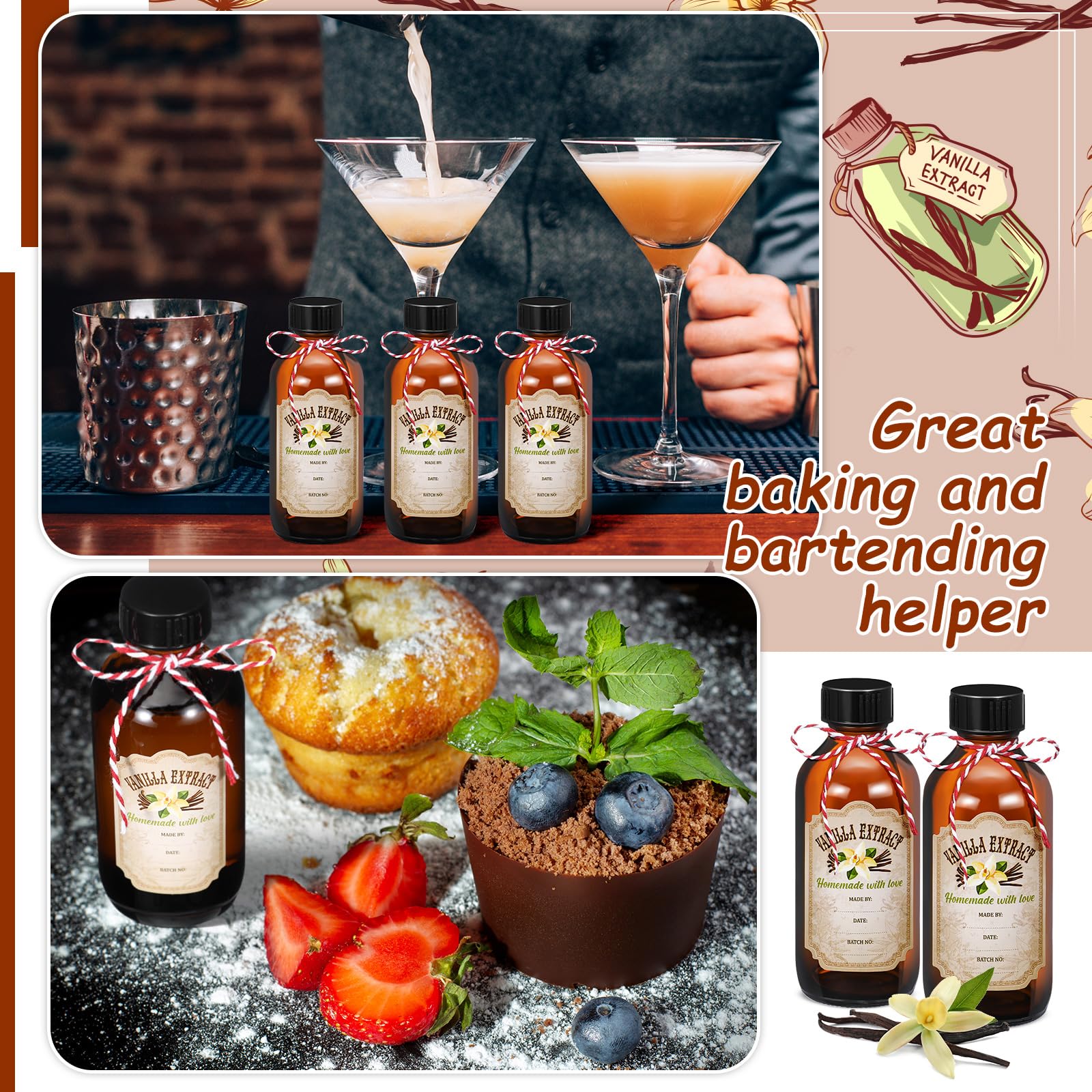 Uiifan Boston Vanilleextrakt-Flaschen, rund, mit Kappen, Glasflasche und 8 Vanilleextrakt-Etiketten, Aufkleber für Sirup, Geschenk, Glas, Lebensmittelbehälter-Set, Saucenbohnen (57 ml), 8 Stück