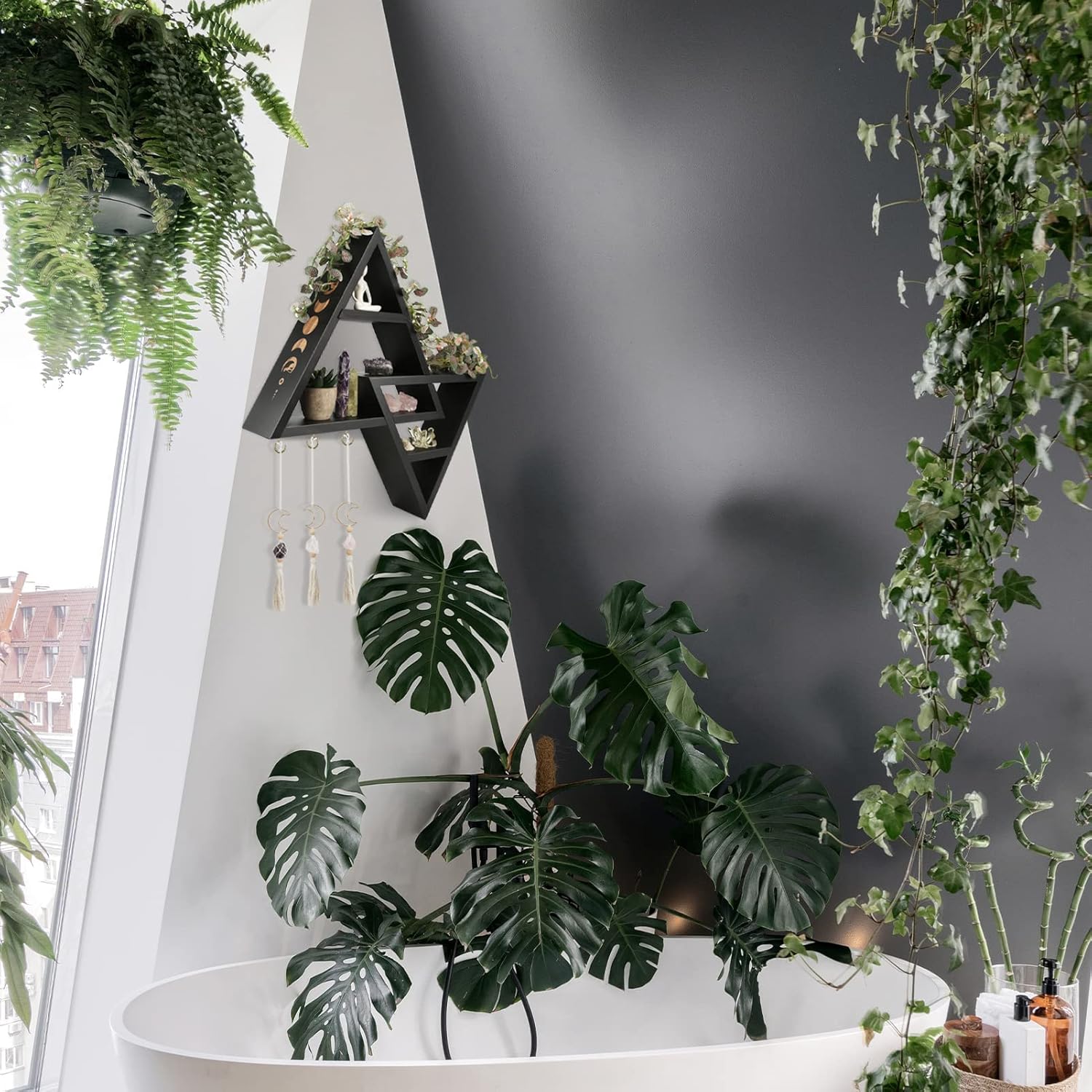 ANROYE Moon Phases Triangle Shelf with Hooks, Wiccan Black Wood Crystal Shelves for Storage Women Jewelry Gem Stone, Pagan Pyramid Geometrical Decor Holder Display for Altar Meditation