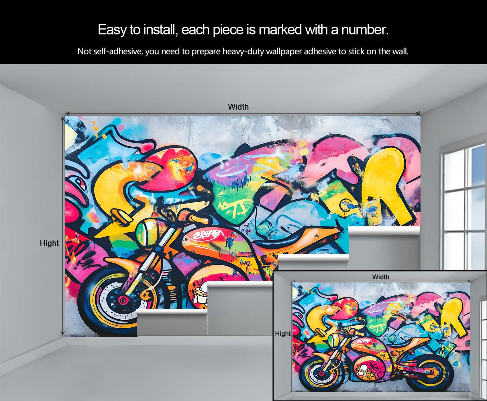 Papier Peint Adhésif 3D – Fresque Murale Graffiti Coloré R1425 – Autocollant Décoratif