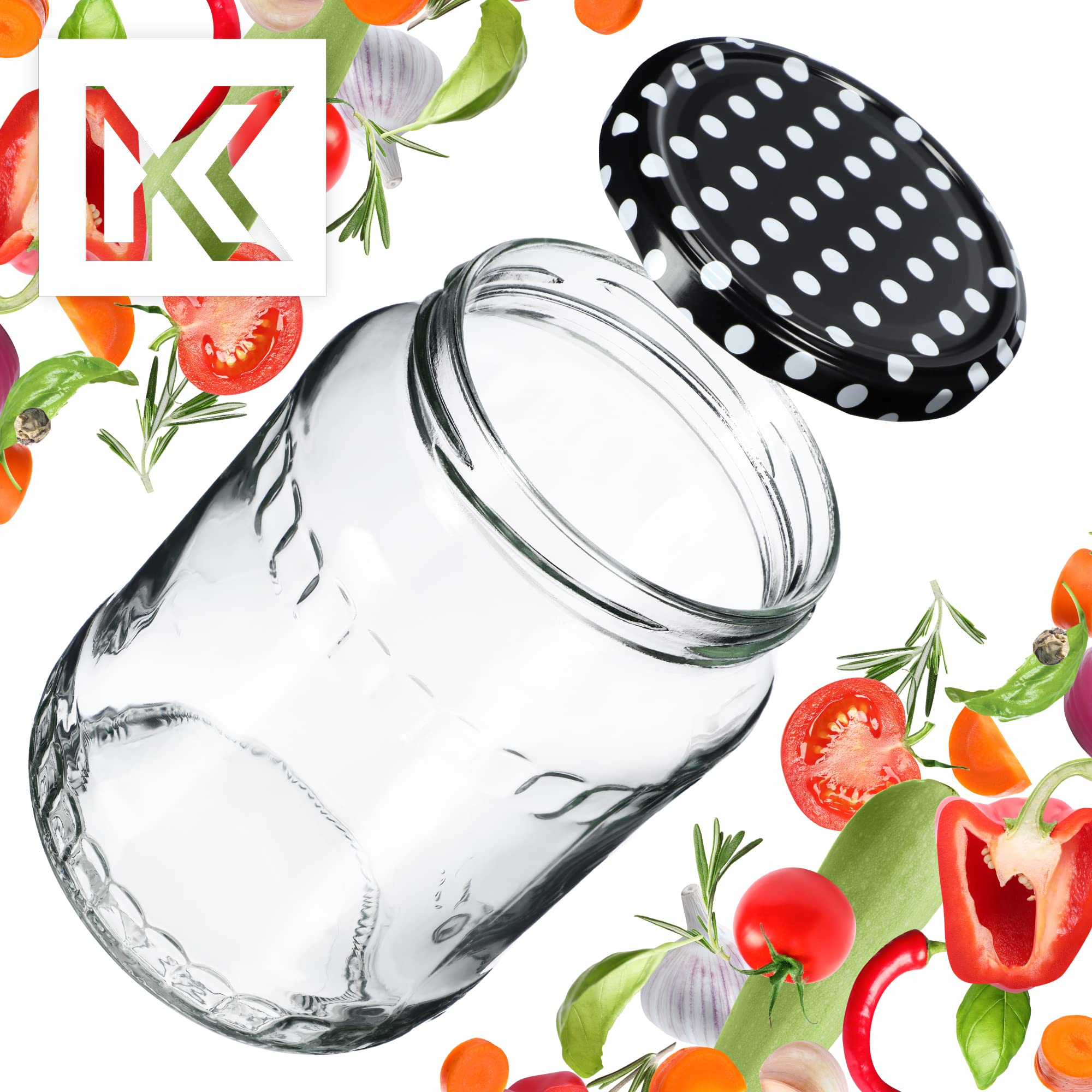 KADAX Słoiki na przetwory, słoiki na dżemy 720 ml, słoiki na przetwory z zakrętkami, słoiki z nakrętkami, słoiki na przetwory, słoiki do przechowywania (czarne w kropki, 48 sztuk)