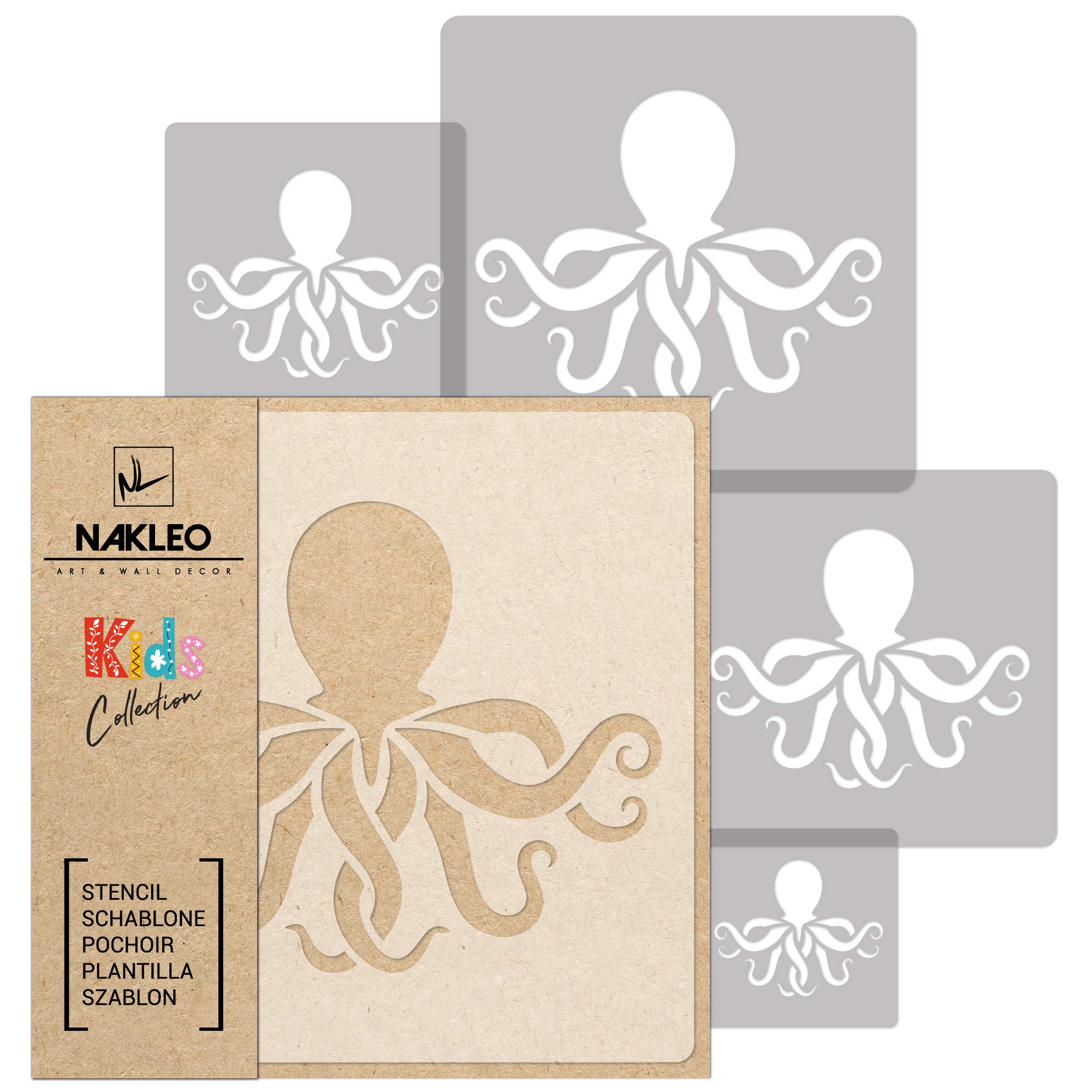 NAKLEO Painting Stencils Set for Kids, 5 Pcs Templates 9x9 to 34x34cm Octopus Marine Animal, Plastic and Reusable Drawing Stencils, Children Room Decor, Craft DIY Wall Furniture