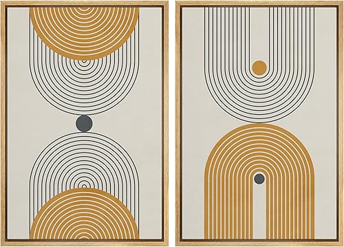 Miniatura 50 de IDEA4WALL Lienzo enmarcado para pared, juego de arte Bauhaus dorado de mediados de siglo, patrón de cuadrícula moderna, ilustraciones con formas