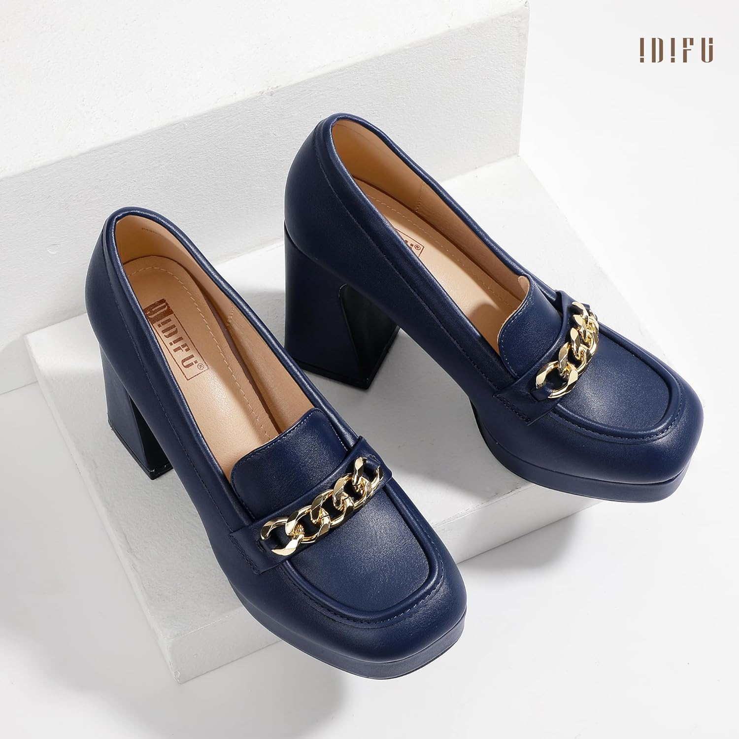 IDIFU IN4 Platform Heels Closed Square Toe Chunky Block High Penny Loafers Pumps with Metal Chain Wedding Prom Graduation Formal Dress Shoes for Women Dressy Slip On Thick Uniform Platform Pumps - Image 6