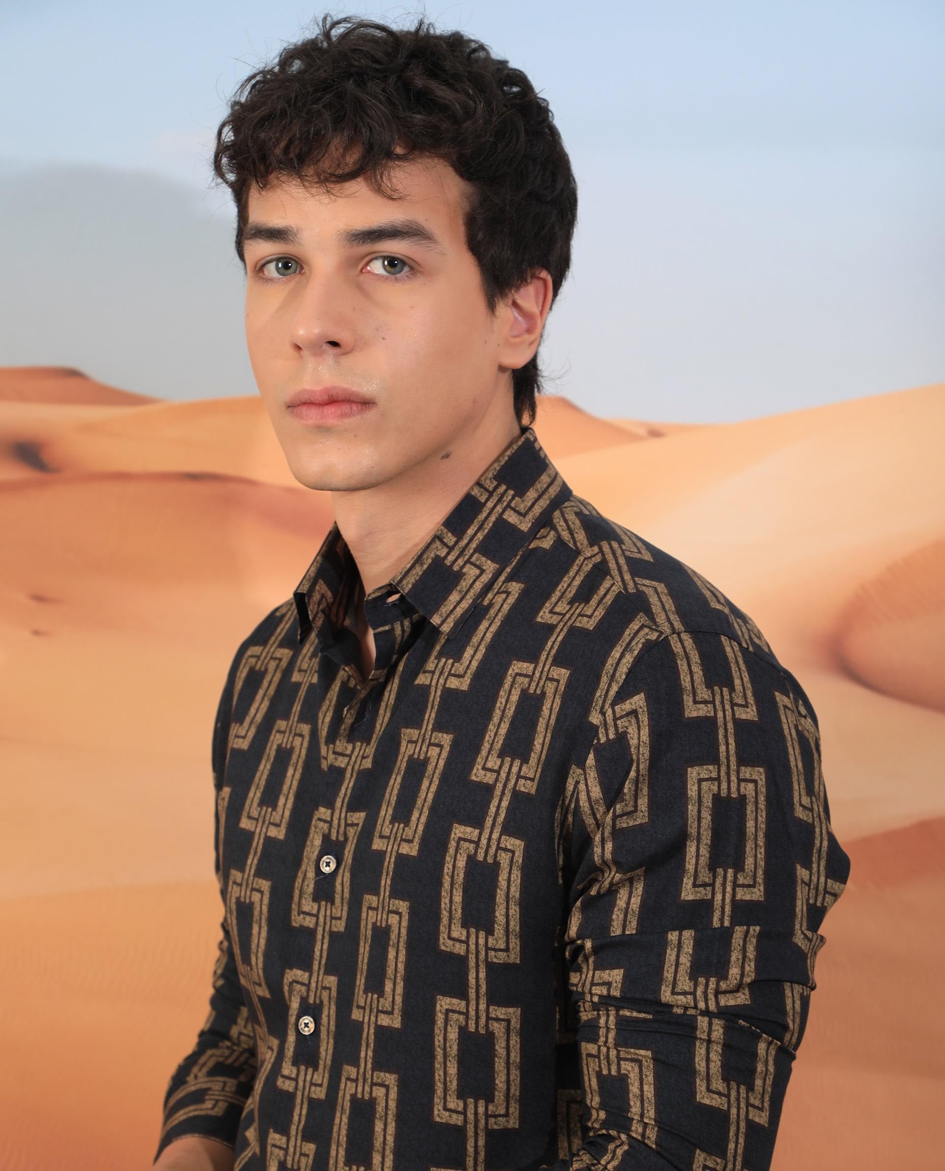 Rare Rabbit Men's Amster Grey Viscose Geometric Print Regular Fit Full Sleeve Collared Shirt 2