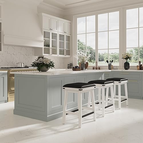 Miniatura 4 de DTY Indoor Living Cortez Taburete de cuero regenerado, acabado blanco, altura de mostrador de 24 pulgadas, asiento de cuero negro Acabado blanco