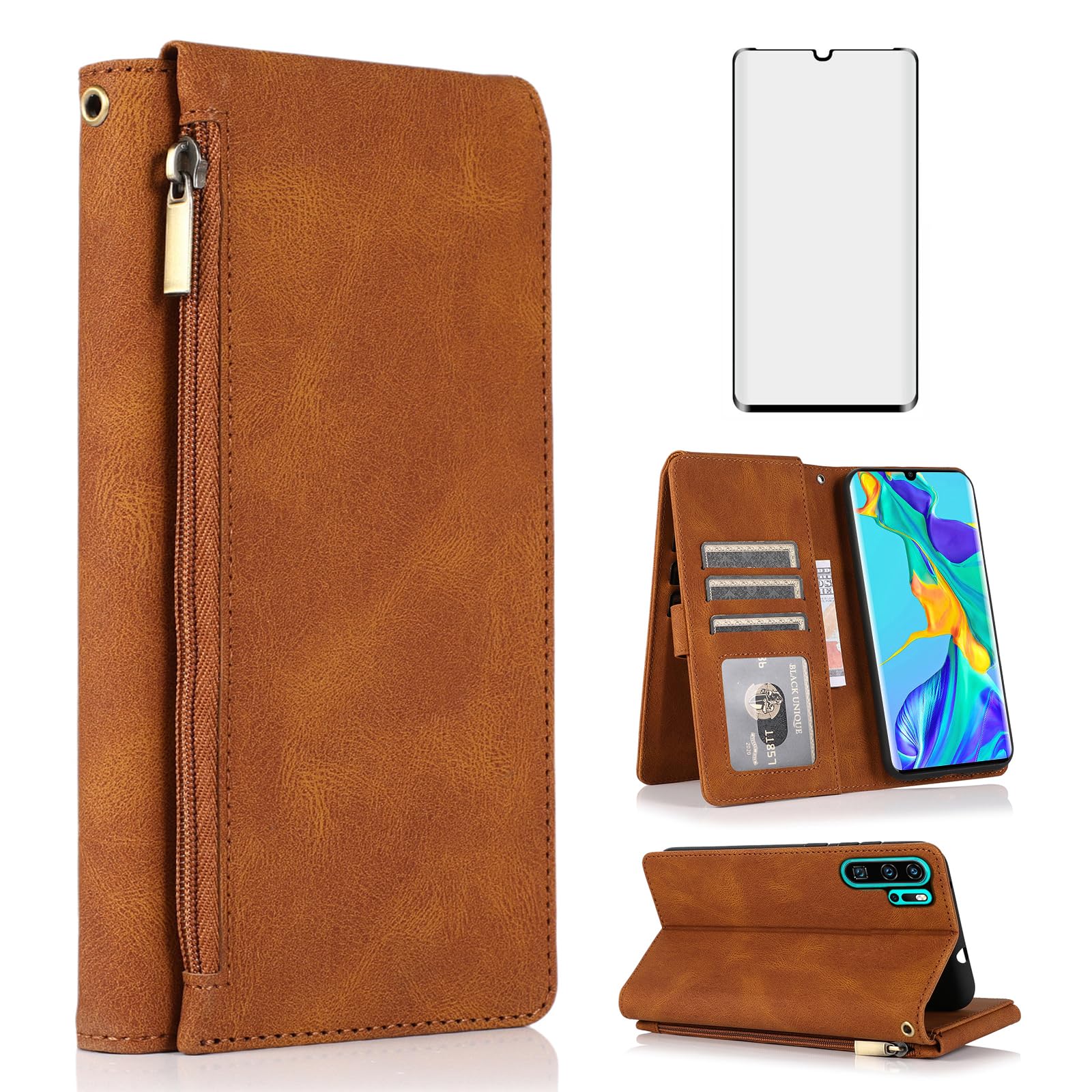 Asuwish Compatible with Huawei P30 Pro Wallet Case Tempered Glass Screen Protector Zipper Leather Flip Cover Card Holder Stand Cell Accessories Phone for Hawaii P30Pro P 30 Pro30 Women Men Brown