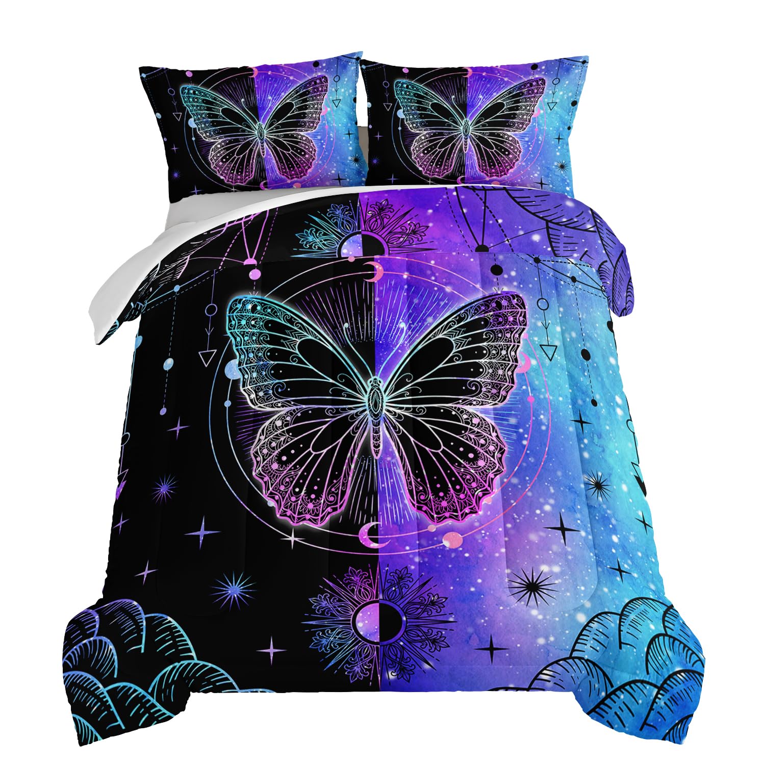 HOSIMA Butterfly Twin Comforter Set with 2 Pillowcases,Mandala Aesthetics Fantasy Starry Sky Galaxy Purple Butterfly Bed Set Room Decor,Blue and Black