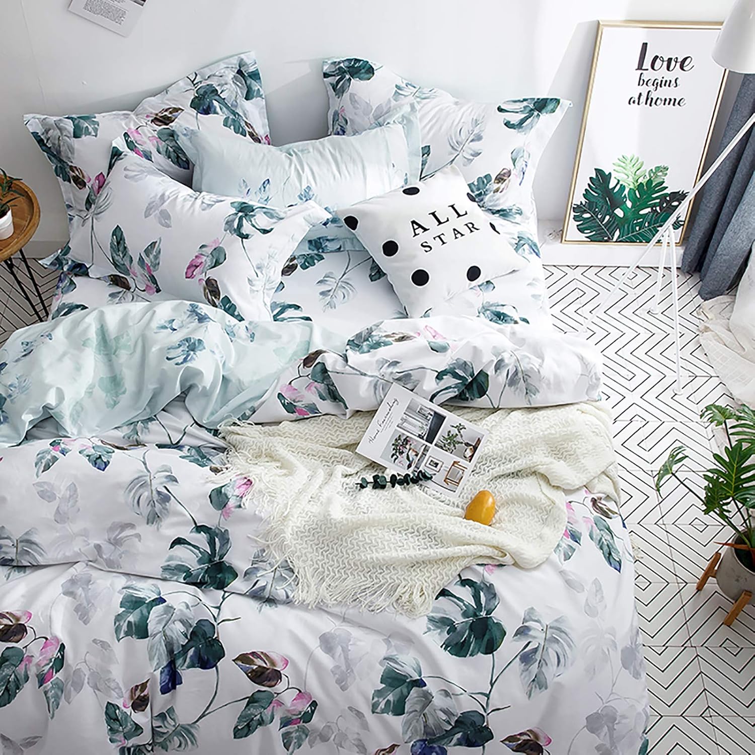 White Cotton Comforter Set Queen, Reversible Floral Leaves Pattern Printed Comforter with 2 Pillowcases for All Seasons,Soft Cotton Bedding Set Queen (90"×90")