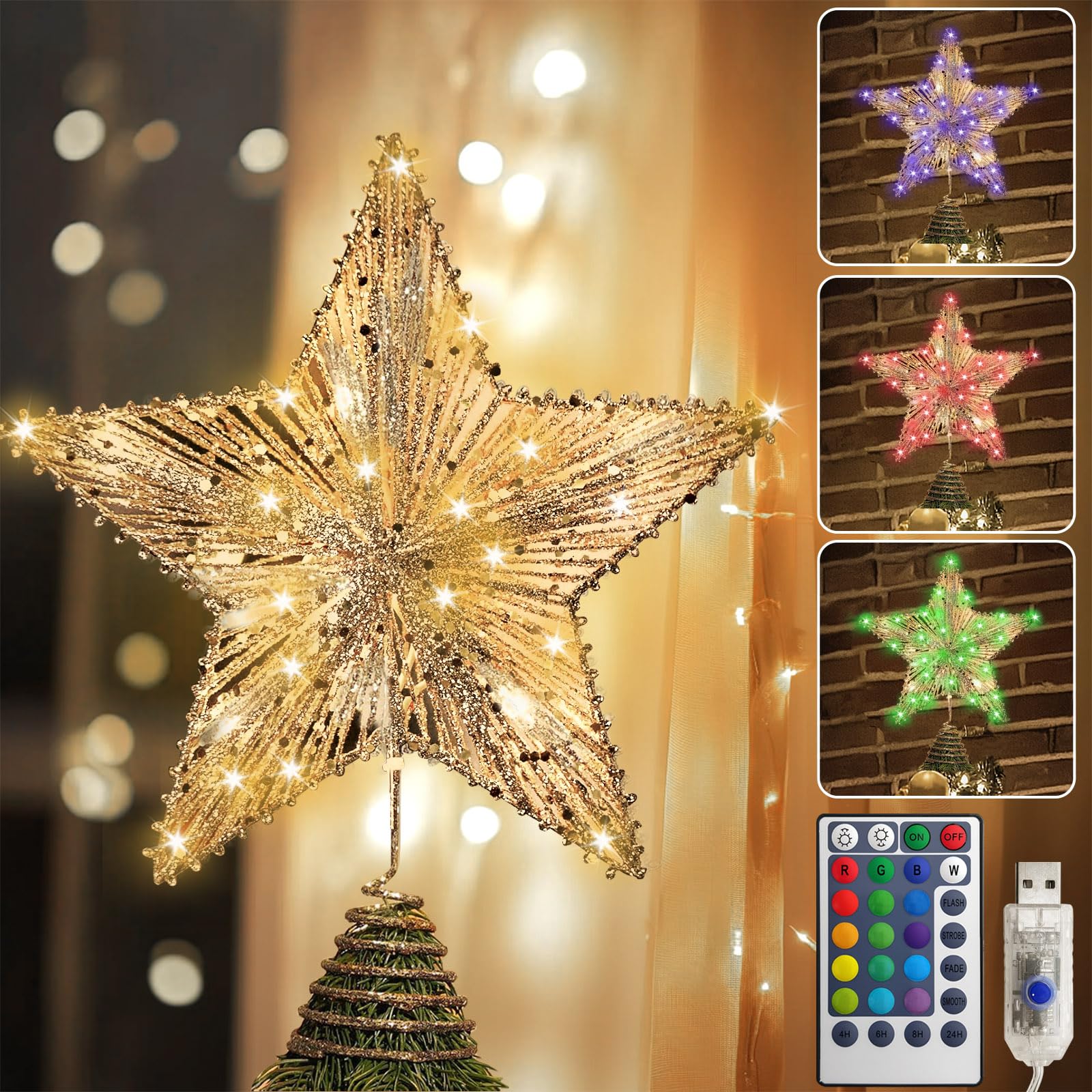 Puntale per albero di Natale a forma di stella, color oro champagne, con 40 luci LED bianche calde, decorazione tradizionale per albero di Natale, decorazione natalizia