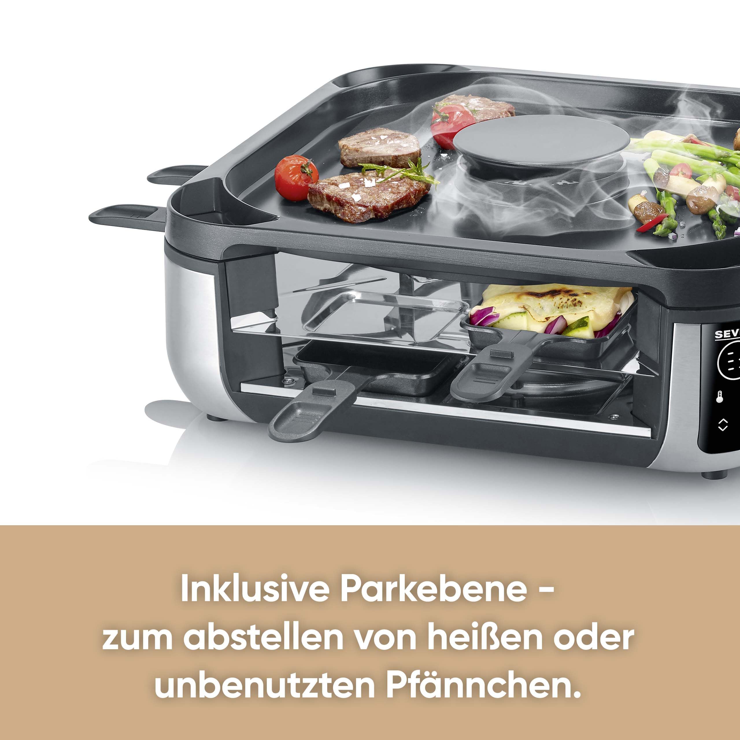 Severin S-Joy Sevento Raclette-Grill mit integriertem Umluft-Filter: weniger Rauch & Gerüche, Digital-Display, 8 Pfännchen & 8 Spatel, kratzfeste ILAG-Beschichtung, bis 230°C, 1900W, schwarz, RG 2350