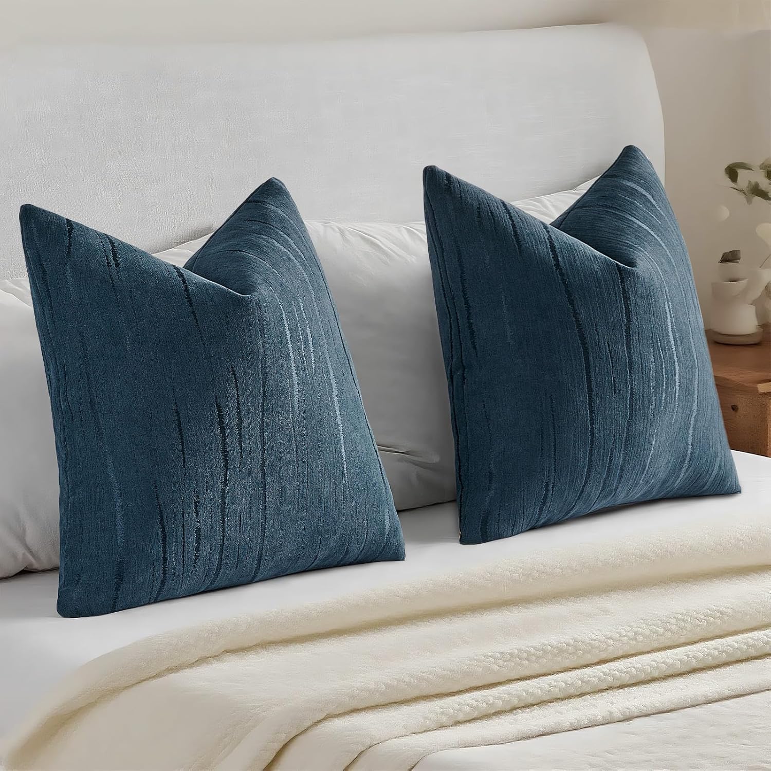 HAUSSY Navy Blue Throw Pillow Covers 22x22 Inch Set of 2, Boho Embossed Striped Textured Decorative Pillowcases Soft Chenille Cushion Cases, Modern Home Decor for Couch Bed Living Room
