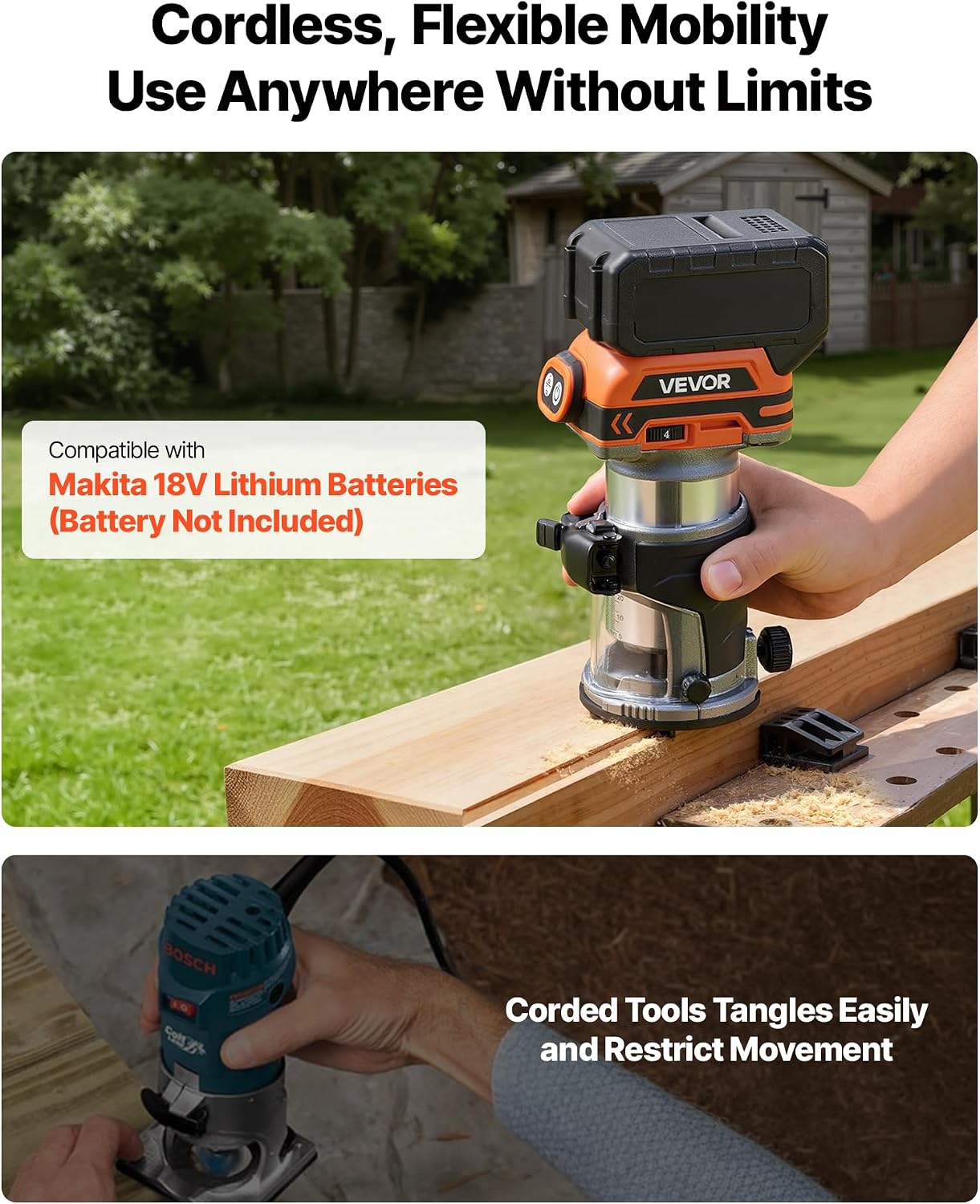 VEVOR Cordless Wood Router, 18V Brushless, Compact Variable Speed Palm Router with Fixed Base, 1/4-Inch Collet, Edge Trimmer Tool for Woodworking, Compatible with Makita 18V Batteries (No Battery) image 3