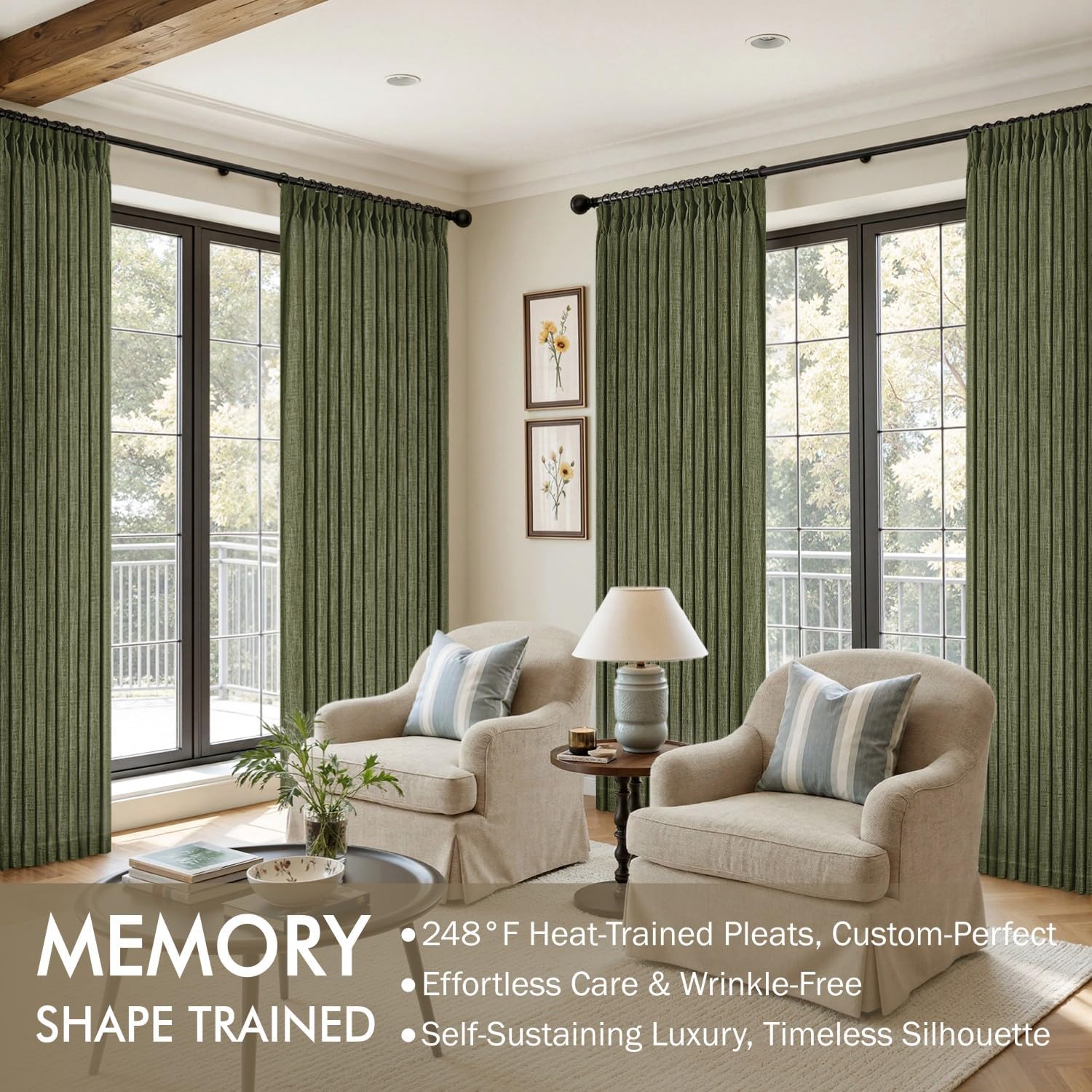 miulee olive green pinch pleated linen curtains 96 inches long 2 panels for living room bedroom, linen texture memory trained drapes back tab semi sheer moss green window curtains with hooks&rings 40"w x 96"l (pack of 2) olive green