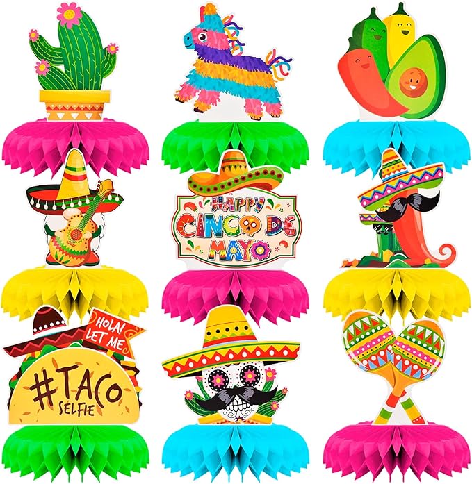 9 piezas centro mesa festival cinco mayo cactus vibrante piñata taco sombrero panal