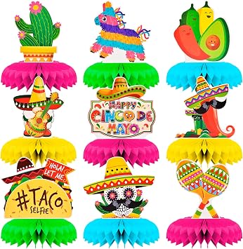 9 Pieces Cinco de Mayo Festival Honeycomb Centerpieces Table Decor, Mexican Fiesta Vibrant Cactus, Pinata, Taco and Sombrero Pattern Table Topper Ornaments Signs, Holiday Party Decorations