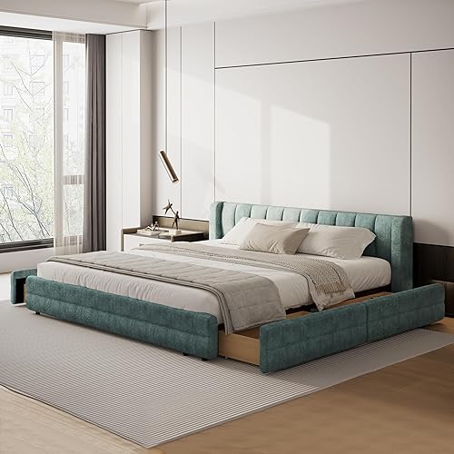 Miniatura 17 de DEINPPA Bastidor de cama tamaño Queen con 4 cajones de almacenamiento y cabecera suave tipo nube, base de madera con tapizado de chenilla, no