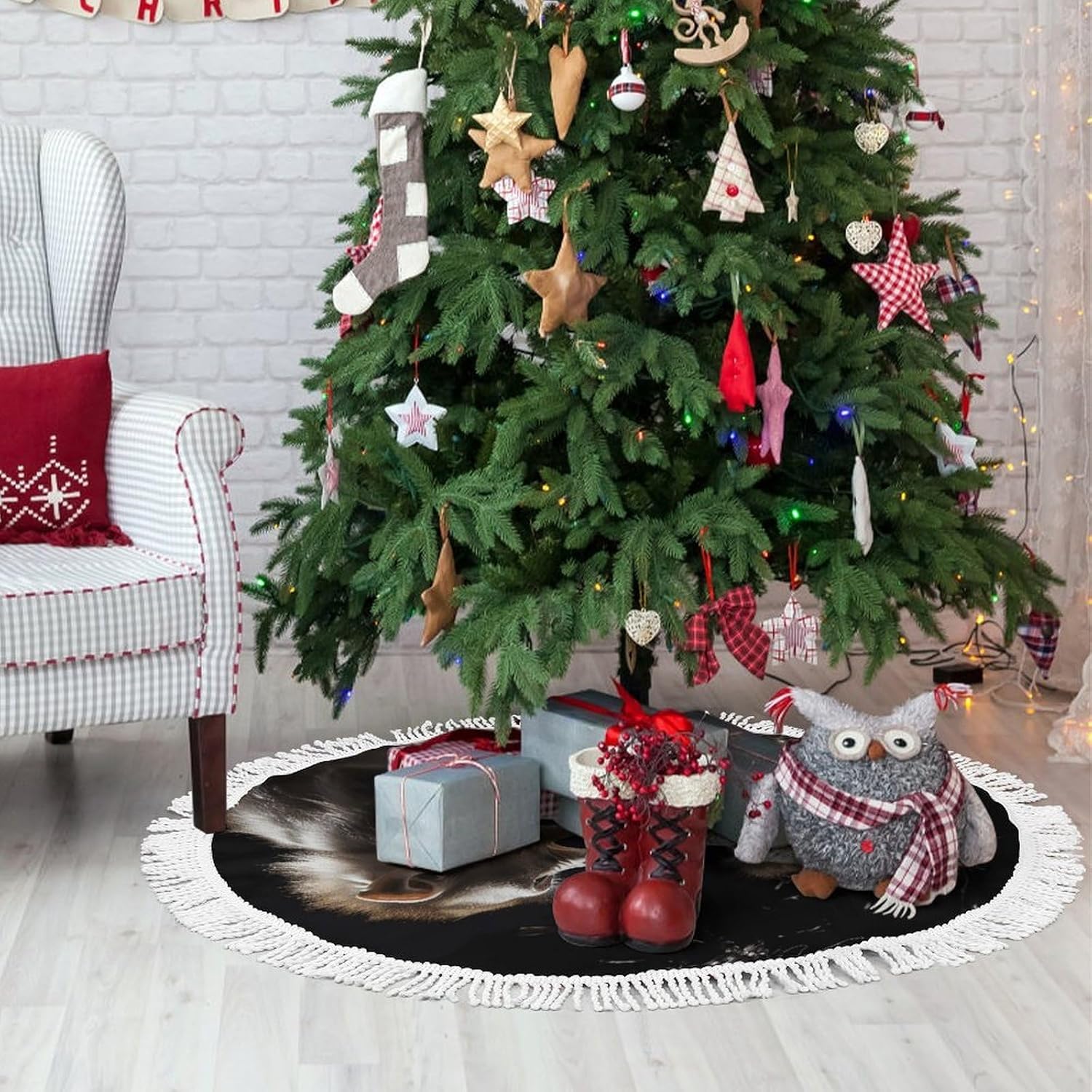 Christmas Tree Skirt with Tassel Little Monkey Playing Xmas Tree Mat Christmas Decorations Xmas Trees Skirt for Holiday Party Home Decor Ornaments Indoor Outdoor Decor