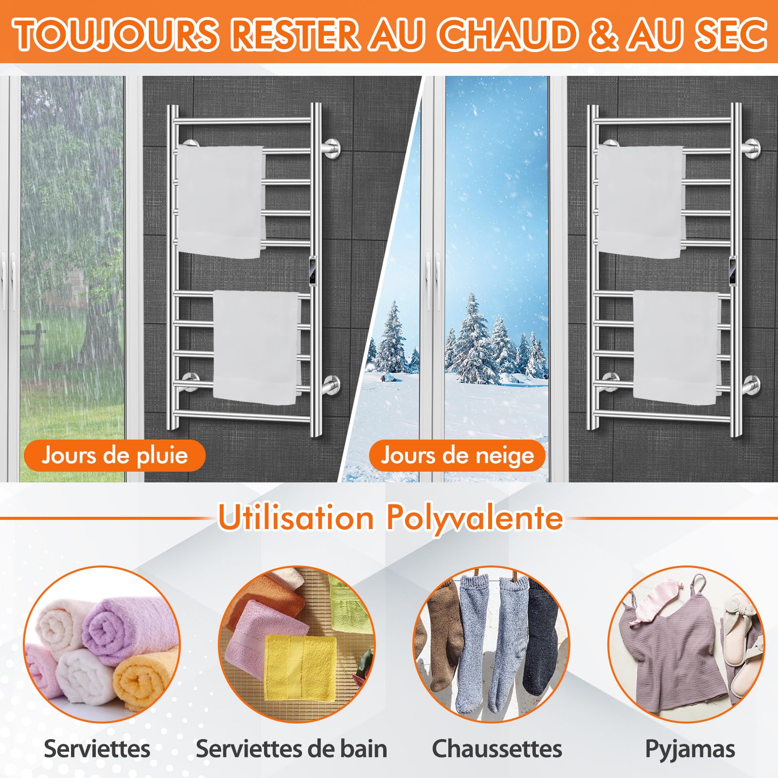 COSTWAY Sèche-Serviettes Électrique 30-60°C avec 10 Barres en Acier Inoxydable, Chauffe-Serviettes 120W Étanche Murale avec Minuterie Affichage LCD, Protection Surchauffe