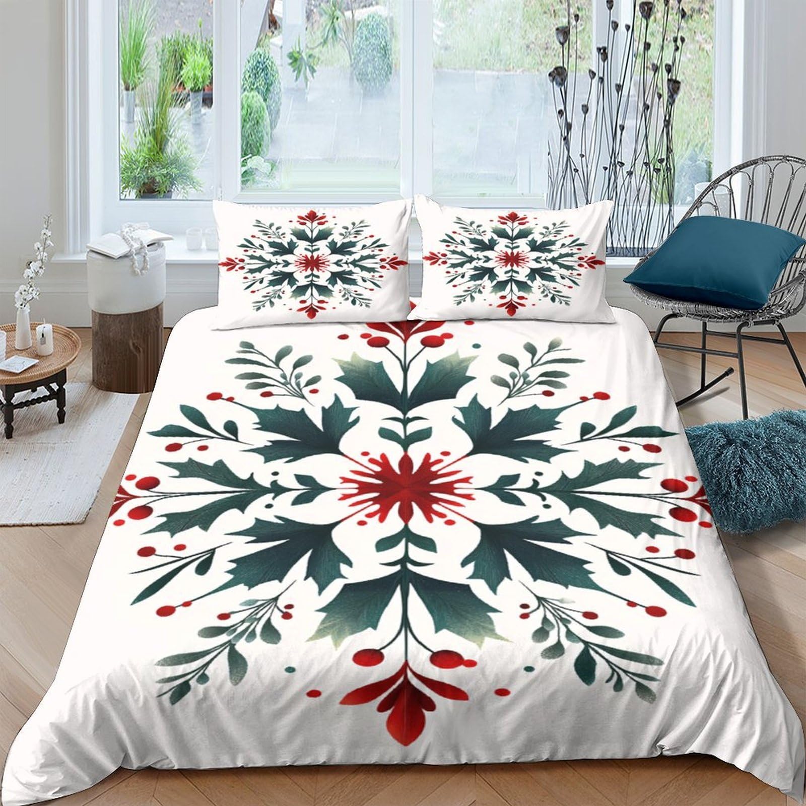 Ctjqhvkz Style-9 3D Printed Floral Snowflake Fitted Sheet Microfiber Soft Breathable Nordic Red Green Mattress Cover For Bedroom Guest Room Single（135X200cm）