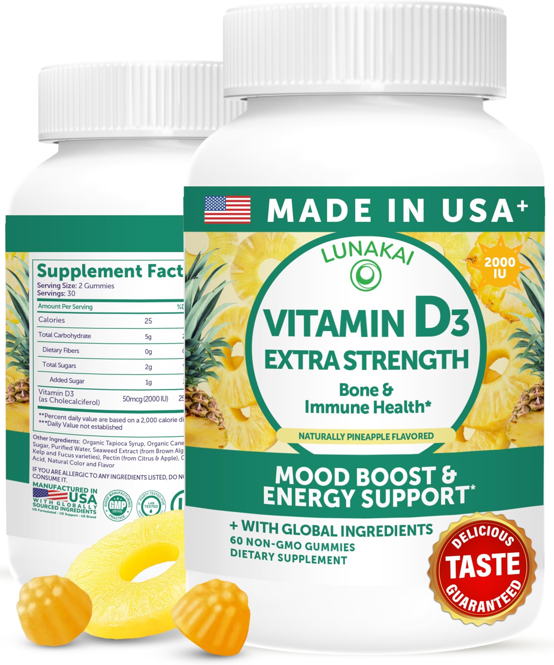 Lunakai USA Made Vitamin D3 Gummies 2000 IU - Non-GMO, Gluten-Free Vitamin D Gummies for Women & Men - Bone, Immune & Energy Support, 60ct