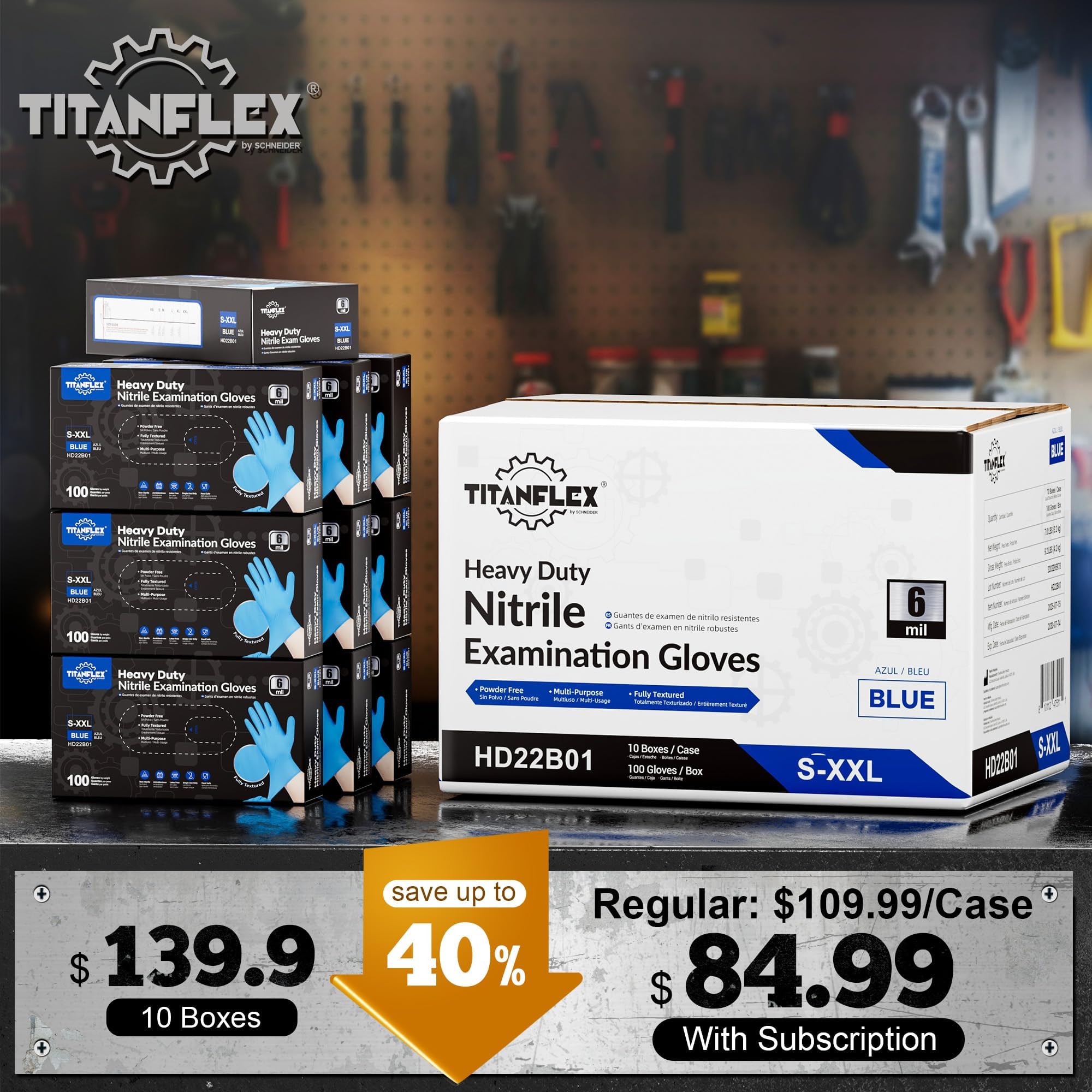 TitanFlex Gants jetables en nitrile bleu très résistants, taille S, boîte de 1000, 6 mil, entièrement texturés, sans poudre, sans latex