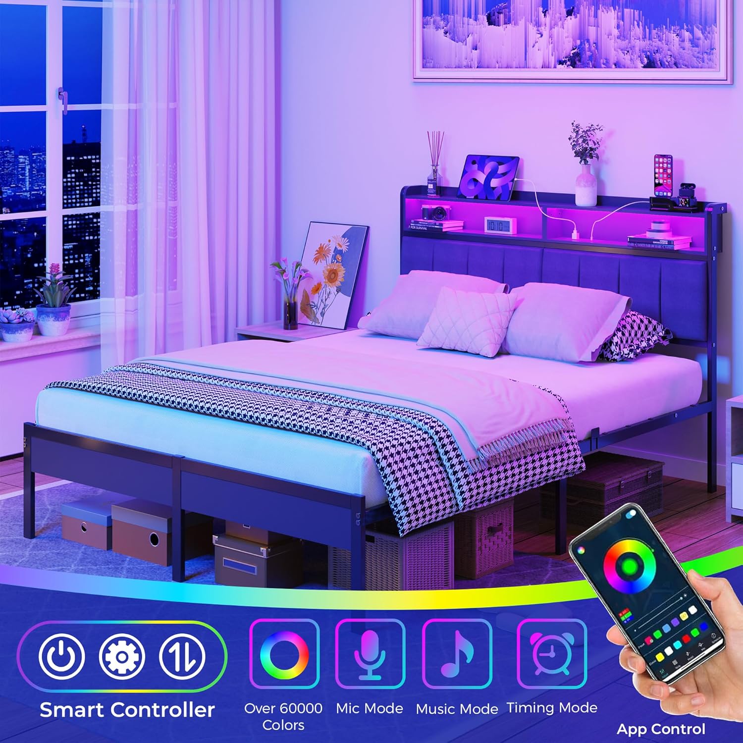 Bed frame with LED lighting in various colors, controlled by a mobile app