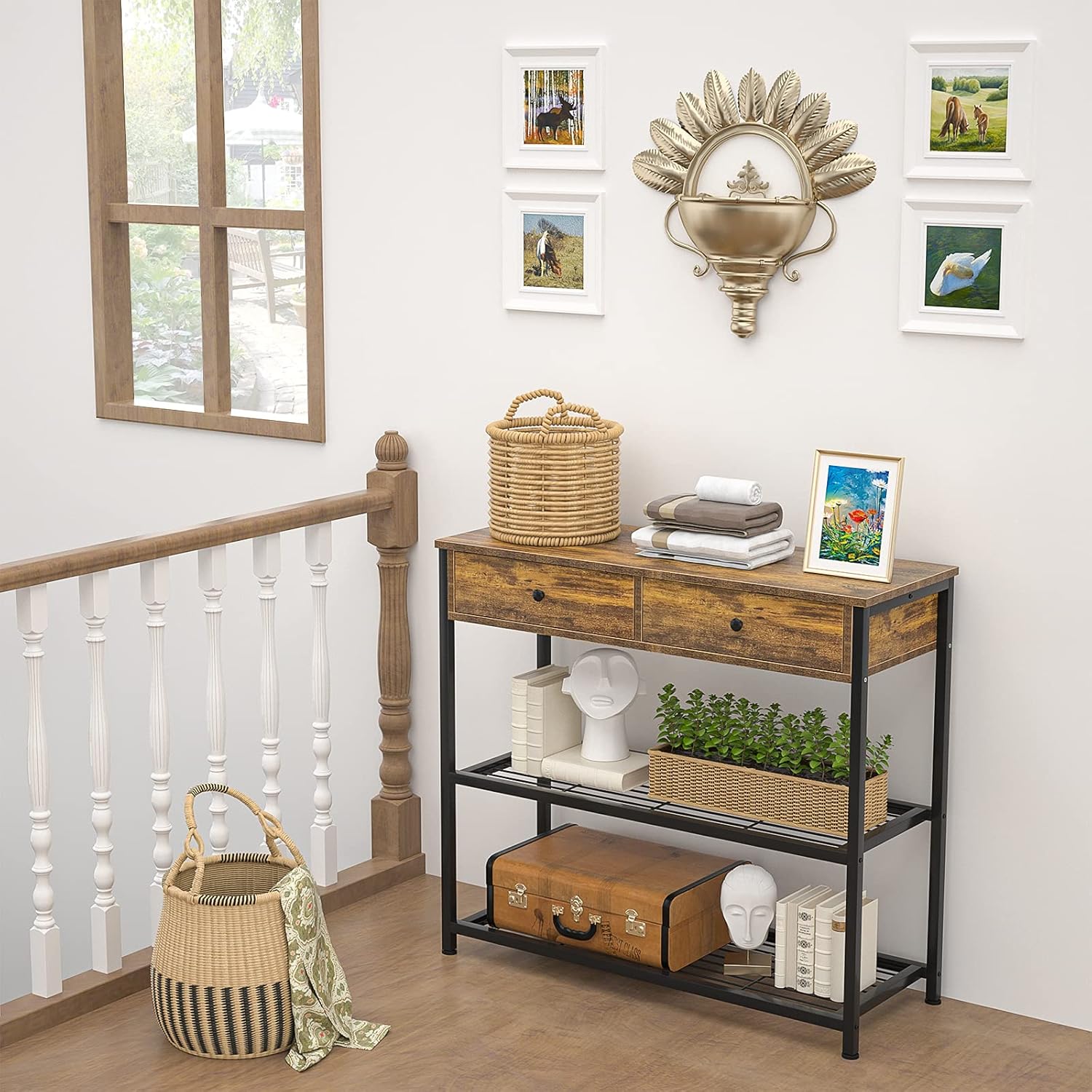 Ecoprsio Console Table with Drawers Industrial Sofa Table Entryway Table Narrow Long with Storage Shelves for Entryway, Front Hall, Hallway, Sofa, Couch, Living Room, Coffee Bar, Kitchen, 32 Inch : Home & Kitchen