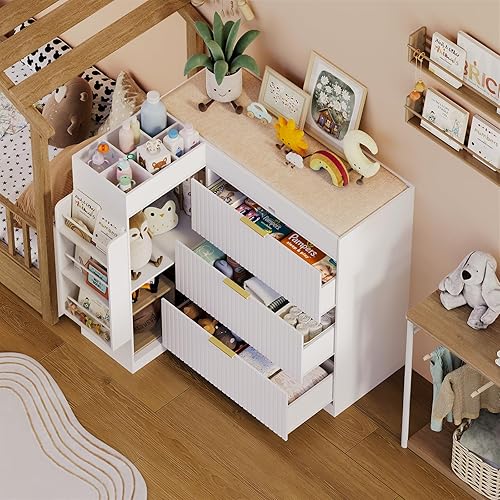 Miniatura 3 de Cambiador de pañales para guardería, cambiador de pañales con almacenamiento, tocador esquinero para bebé con 3 cajones y 2 estantes, cuna de