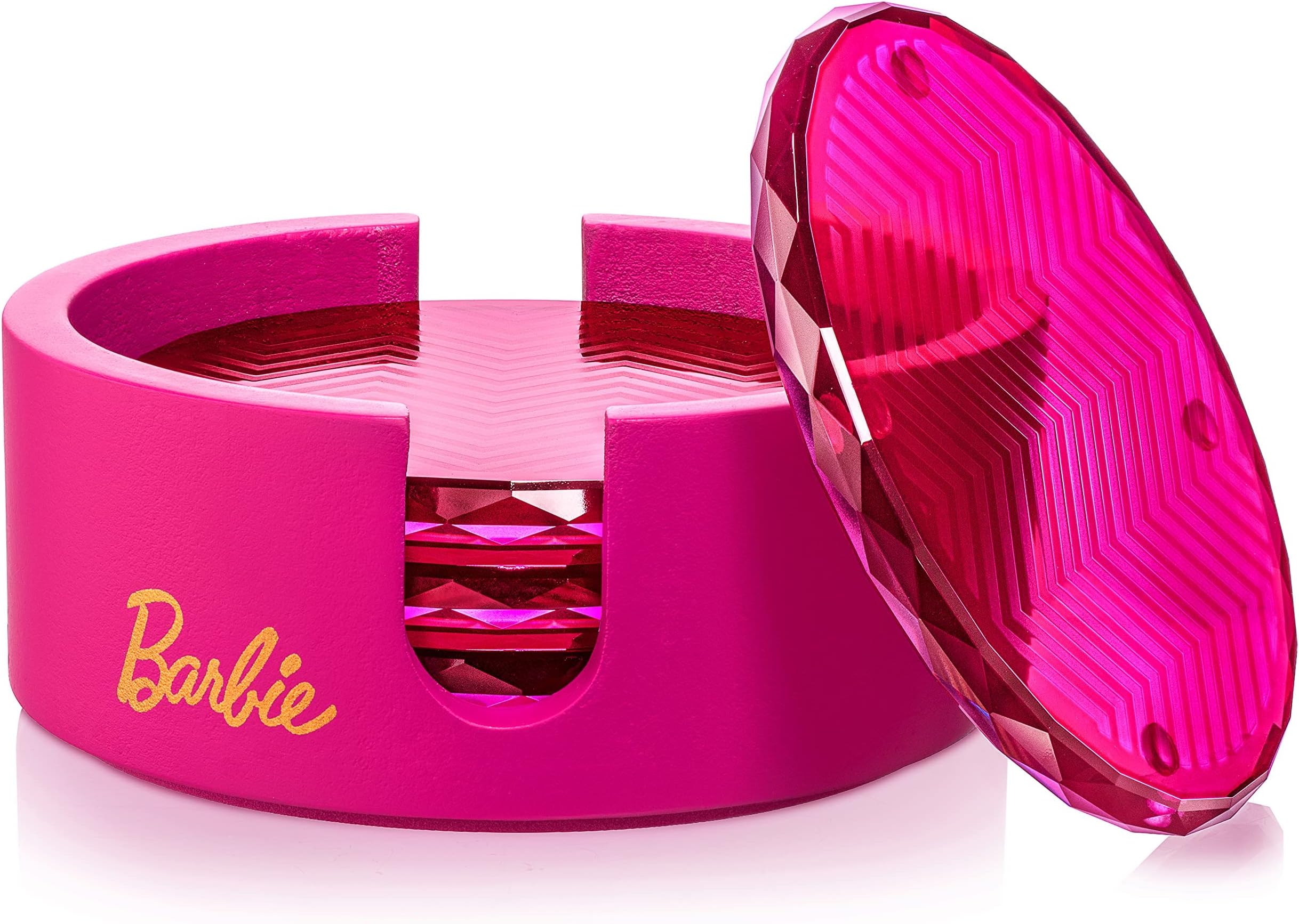 Barbie x Coasters, Pink Crystal Glass Coasters for Drinks, Barware for Coffee Table, Diamond Coaster Set with Holder, Set of 4