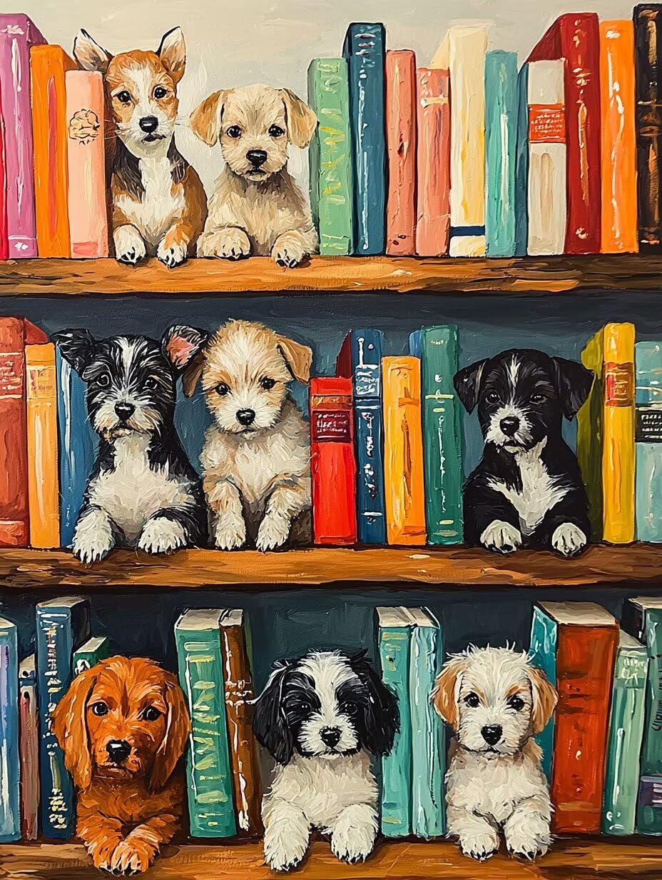 WEISHIWE Dog by Bookshelf Malowanie po numerach dla dorosłych 71 x 86 cm v