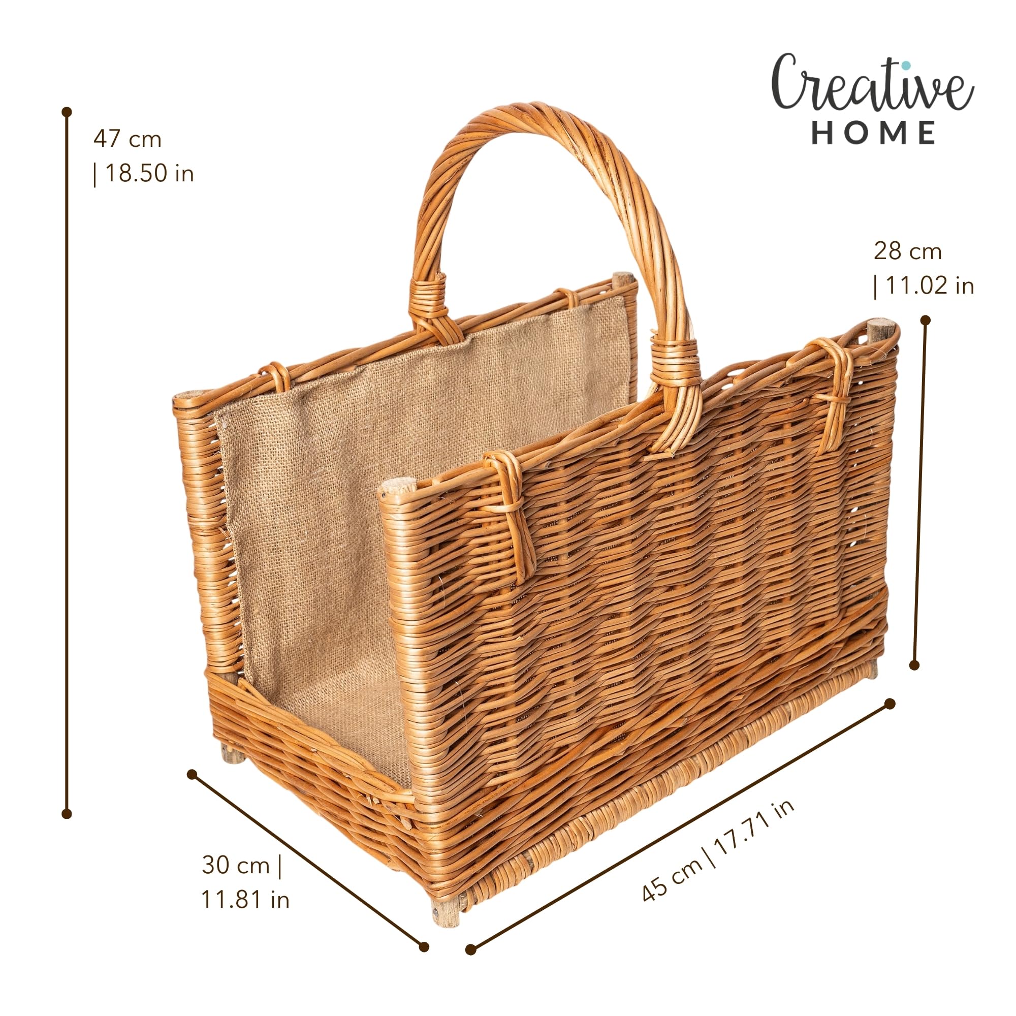 Creative Home Groß Kaminkorb Holzkorb Kaminholzkorb Rattan | 45 x 30 x 47 cm | Aufbewahrung Rechteckig Weidenkorb für Kaminholz/Holz | Braun Dick Weide Feuerholzkorb Holztrage Tragekorb