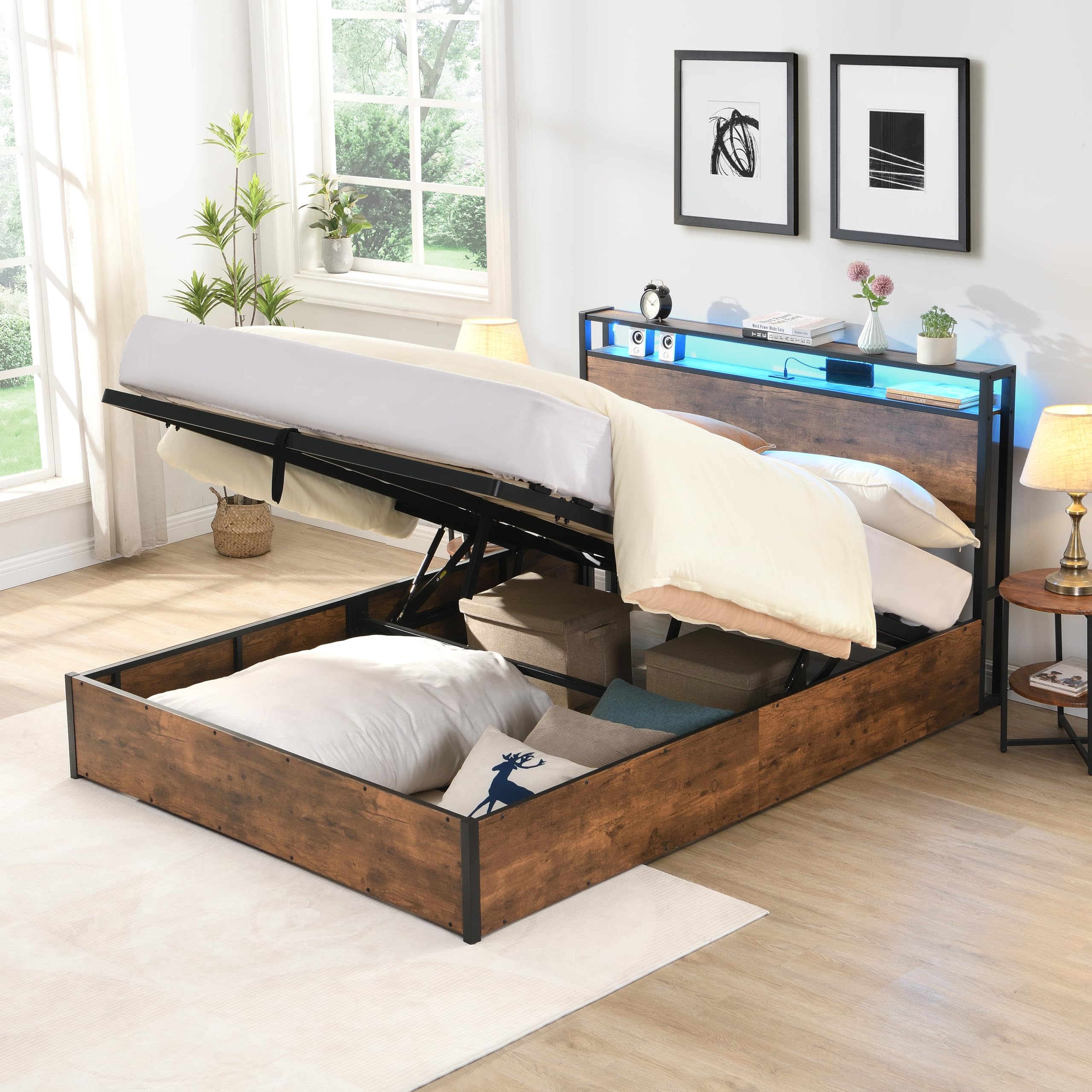 Amazon.com: Bed Frame Full Size with Lift Up Storage, Charging Station ...