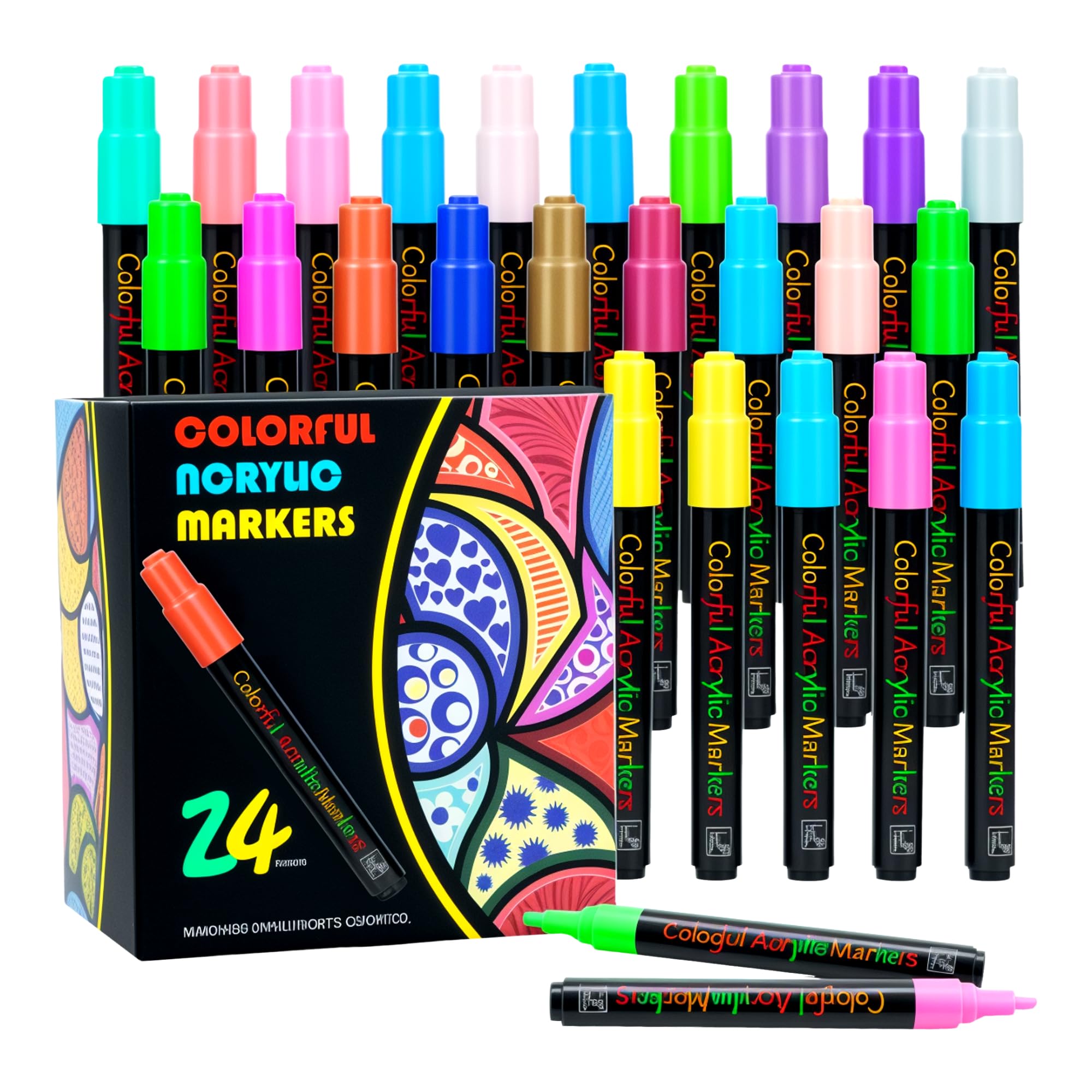 HZDIYAKE 24 Colour Acrylic Paint Marker, 2-3mm Suitable for students, adults rock painting, drawing, marking, card making, Christmas cards, doodling,