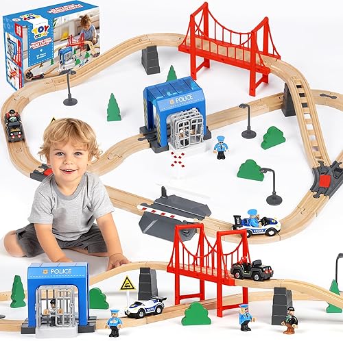 Miniatura 9 de TOY Life Juego de Tren de 81 Piezas con Grúa y Locomotora, Juguete de Tren de Madera, Vías de Tren de Madera para Niños Pequeños de 3, 4, 5 Años,