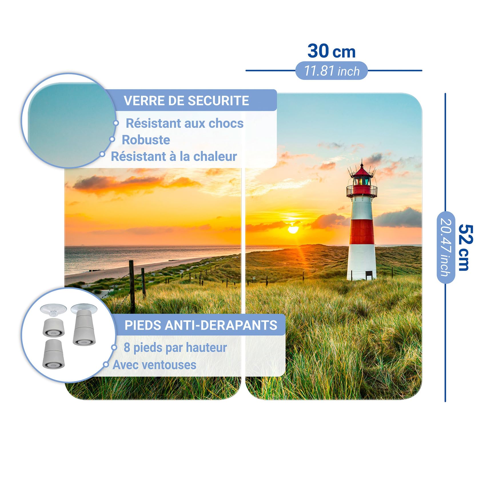 WENKO Plaque de Recouvrement Universelle Mod. Phare, réglable en hauteur pour tout type de cuisinière, planche à découper et protection anti-éclaboussures, verre, 30 x 52 cm, 2 pièces